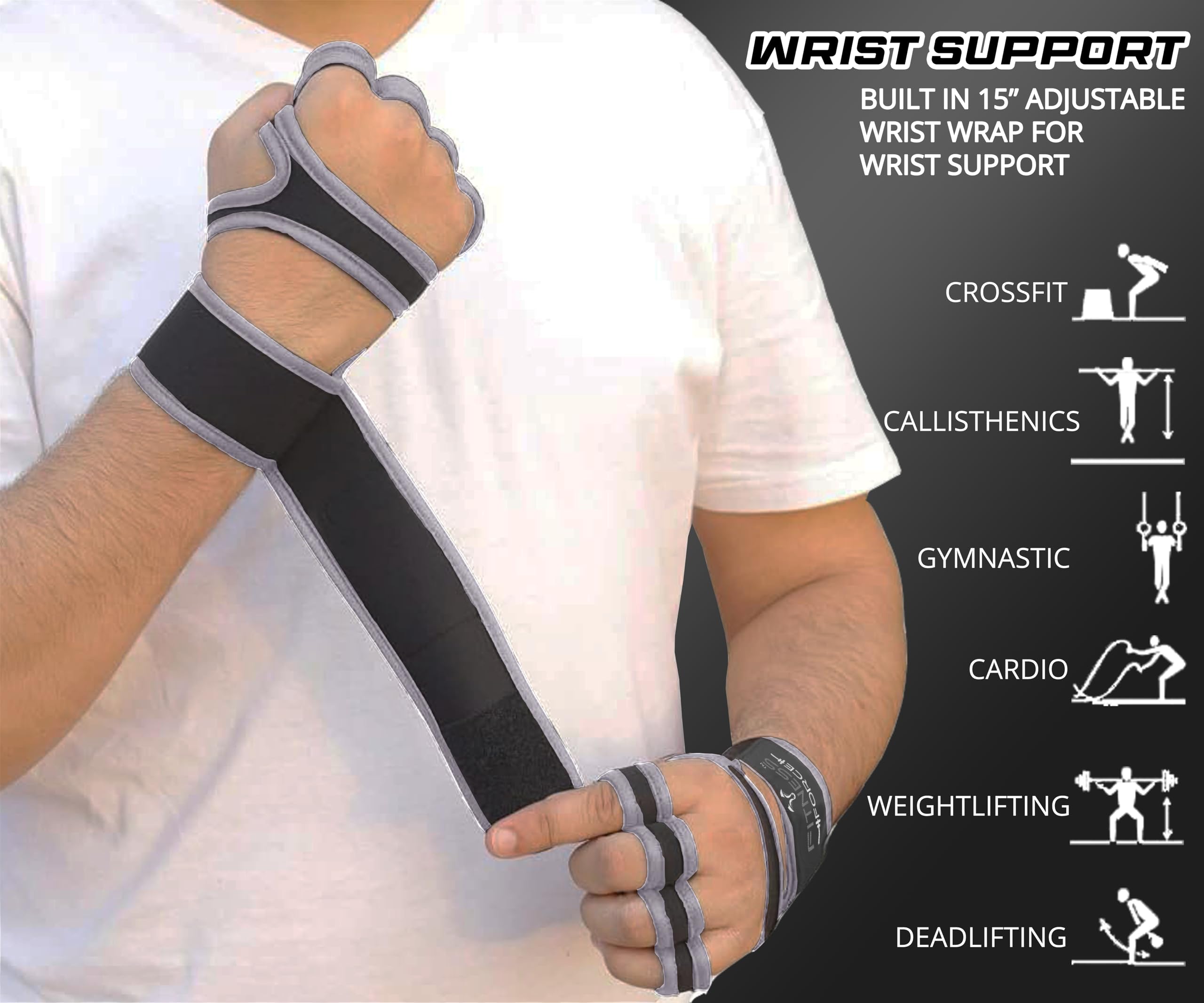 FITNESS FORCE Guantes de entrenamiento ventilados para hombres y mujeres con muñequeras integradas, guantes de gimnasio sin dedos para hombres, perfectos para ejercicio, fitness, levantamiento de