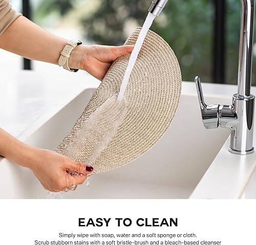 Miniatura 4 de Juego de 6 manteles individuales redondos tejidos de plástico, lavables y lavables para mesa de comedor, resistentes al calor, antideslizantes,