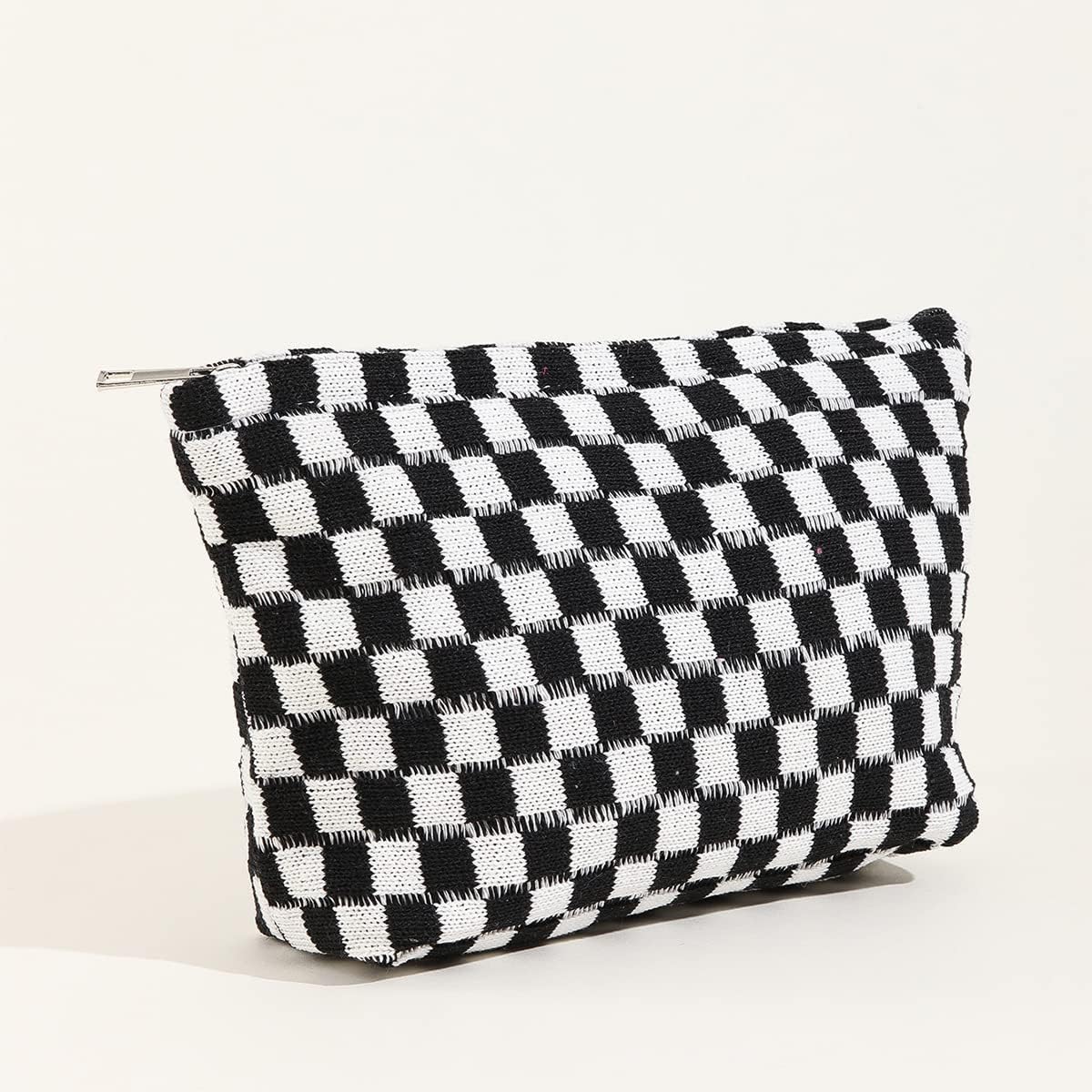 KOTORA 3 Pieces Makeup Bag Large Small Checkered Cosmetic Bag Capacity Canvas Travel Toiletry Bag Organizer Cute Makeup Brushes Aesthetic Accessories Storage Bag for Women (Black) - Image 3