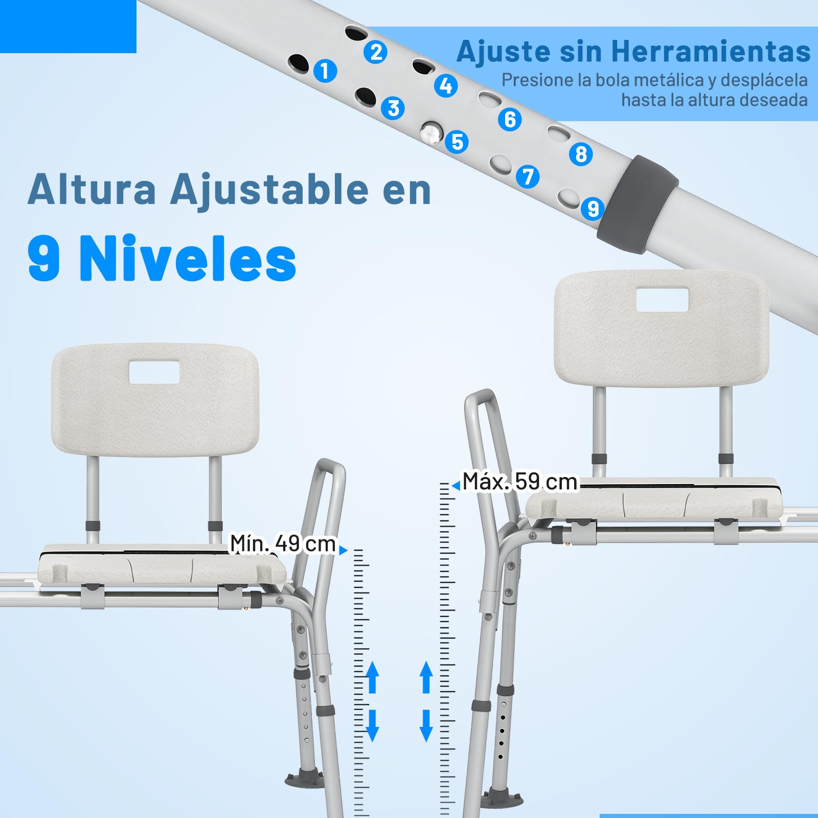 COSTWAY Banco de Baño Extraíble, Silla Ducha con Respaldo Ajustable en Altura con Asiento, Reposabrazos y Cinturón de Seguridad, Banco para Bañera Antideslizante para Ancianos y Discapacidadas
