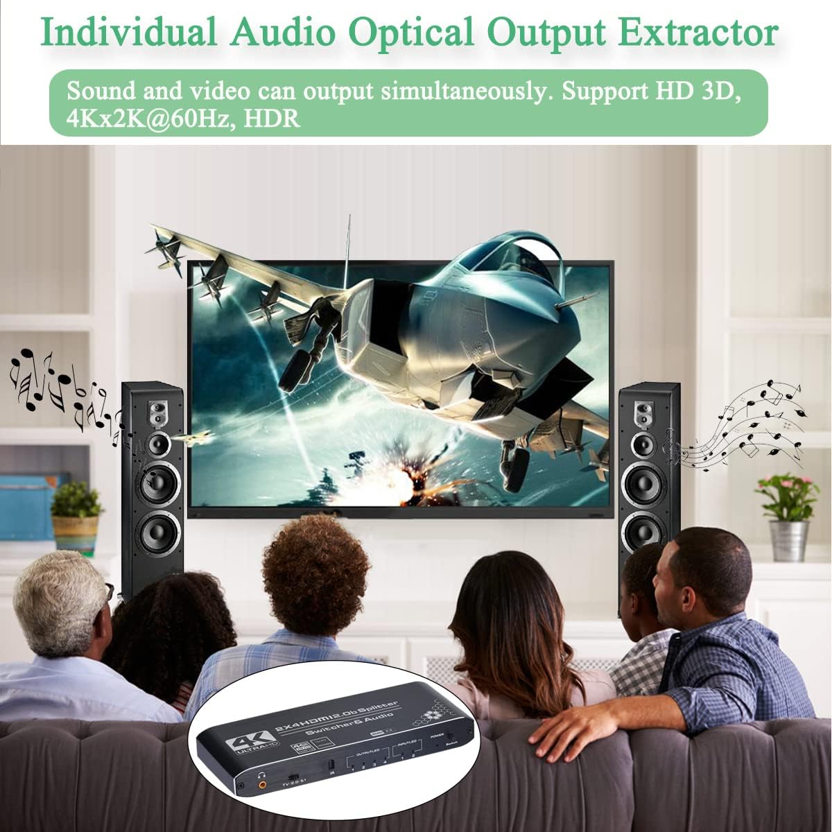 Anber-Tech 4K HDMI Splitter 2x4, HDMI Switch 2 in 4 Out Switcher Box with Audio Extractor and IR Remote Control, Support Ultra 4K HDR,4Kx2K@60Hz, 3D, 1080P，HDMI 2.0b, HDCP 2.2