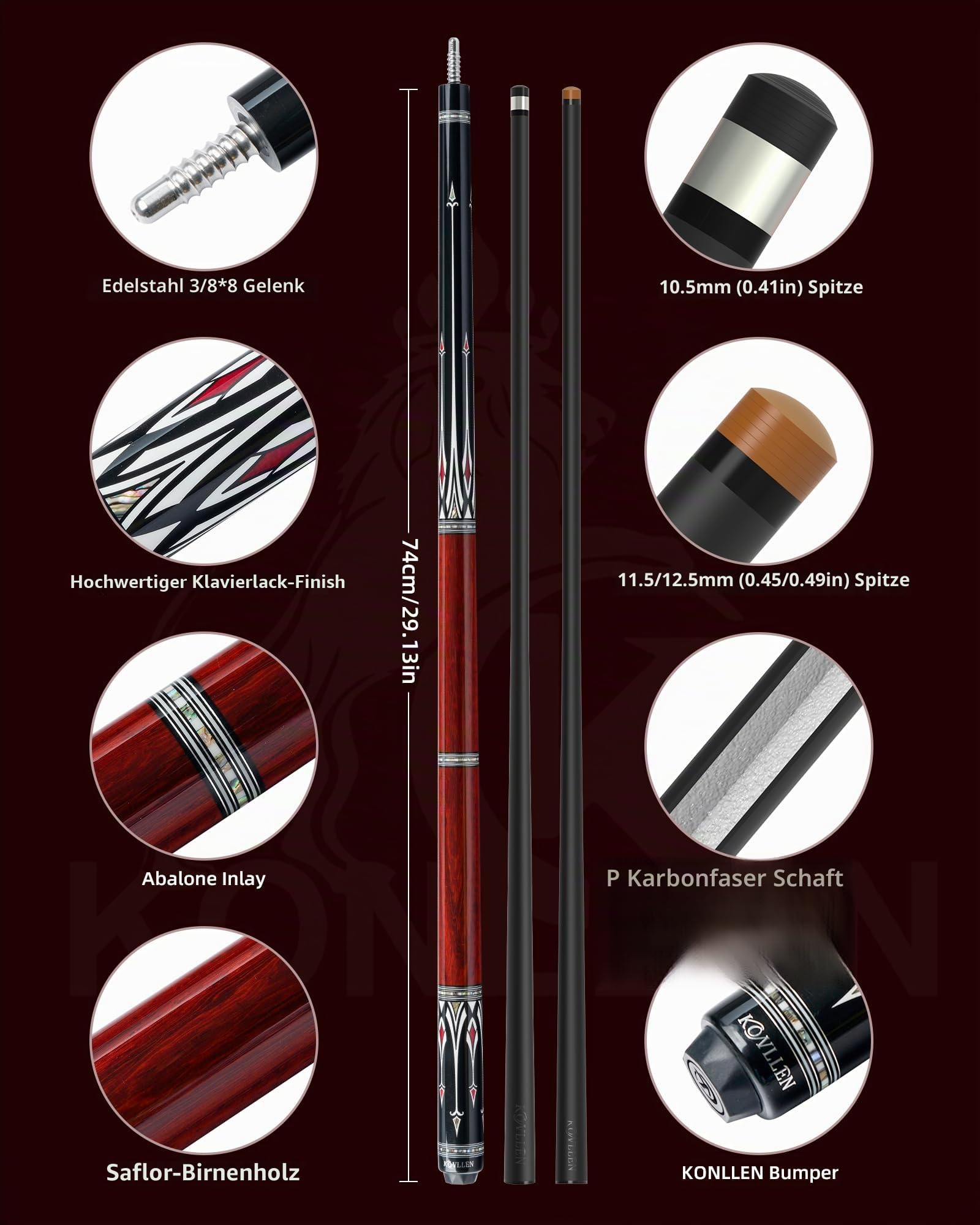 KONLLEN Billardqueue-Stick aus Karbonfaser, niedrige Ablenkung, handgefertigt, Inlay, ultraglatt, professionelles Gefühl, Billardqueue-Sticks für Erwachsene