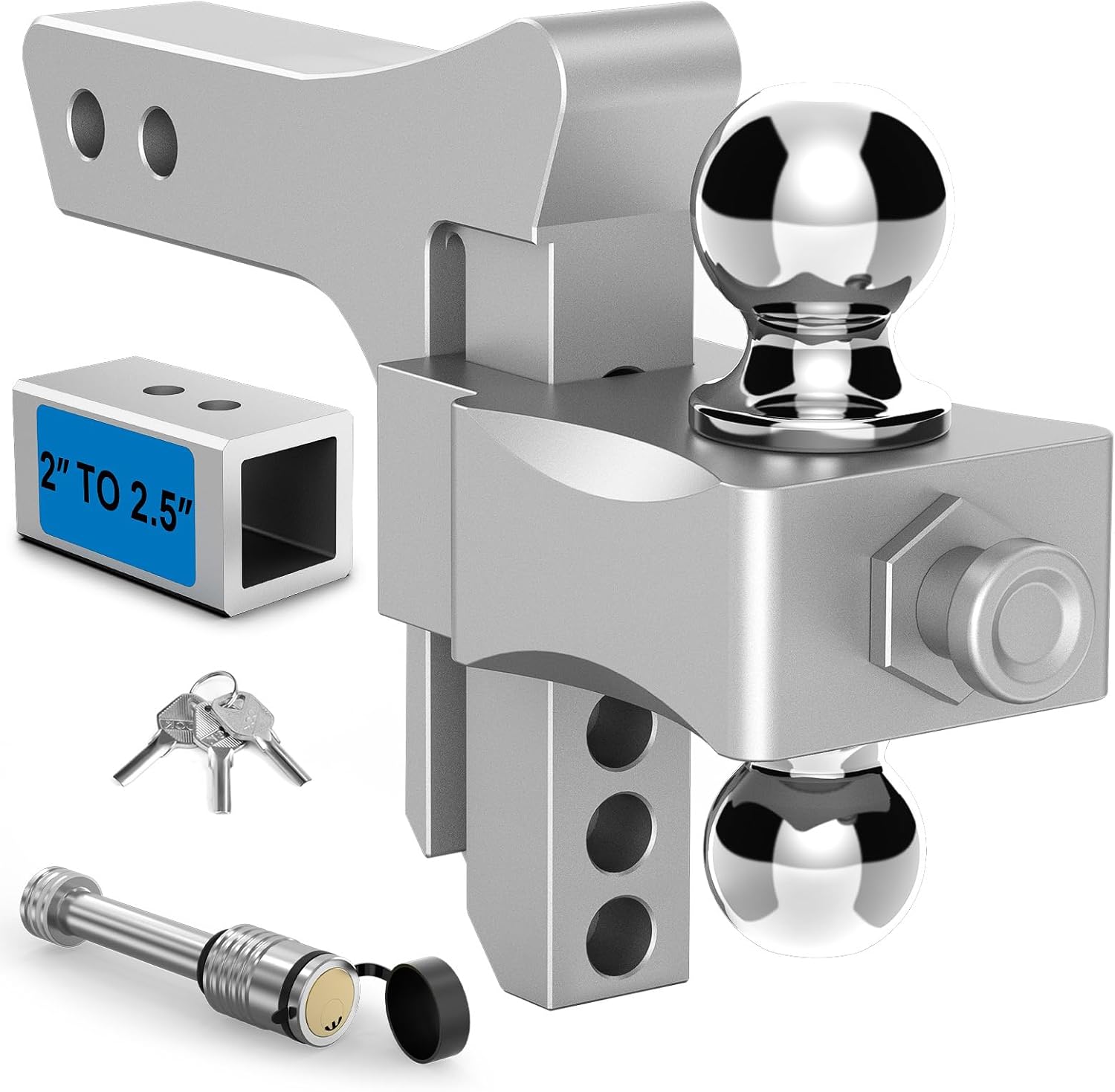 Adjustable Trailer Hitch, Drop Hitch Fits 2 Inch Receiver, GTW 21,500 LBS Aluminum Tow Hitches Dual Ball (2" x 2-5/16"), Heavy Duty Truck Hitch Ball Mount (5 Inch Drop Hitch)