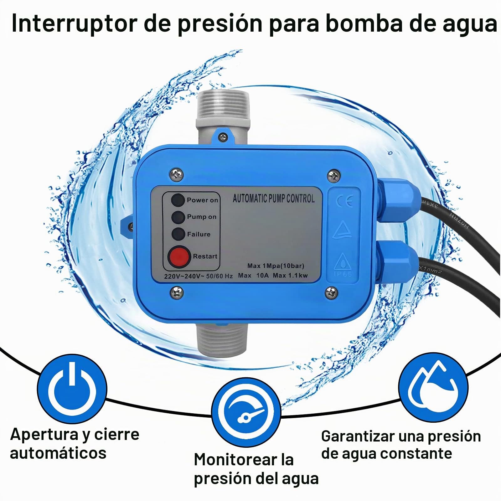NAIZY Bomba de control de presión, máx. 10 bar, control automático de presión, con cable y enchufe, IP65 para instalaciones de agua domésticas, bombas de pozos profundos, riego de jardín (tipo A)