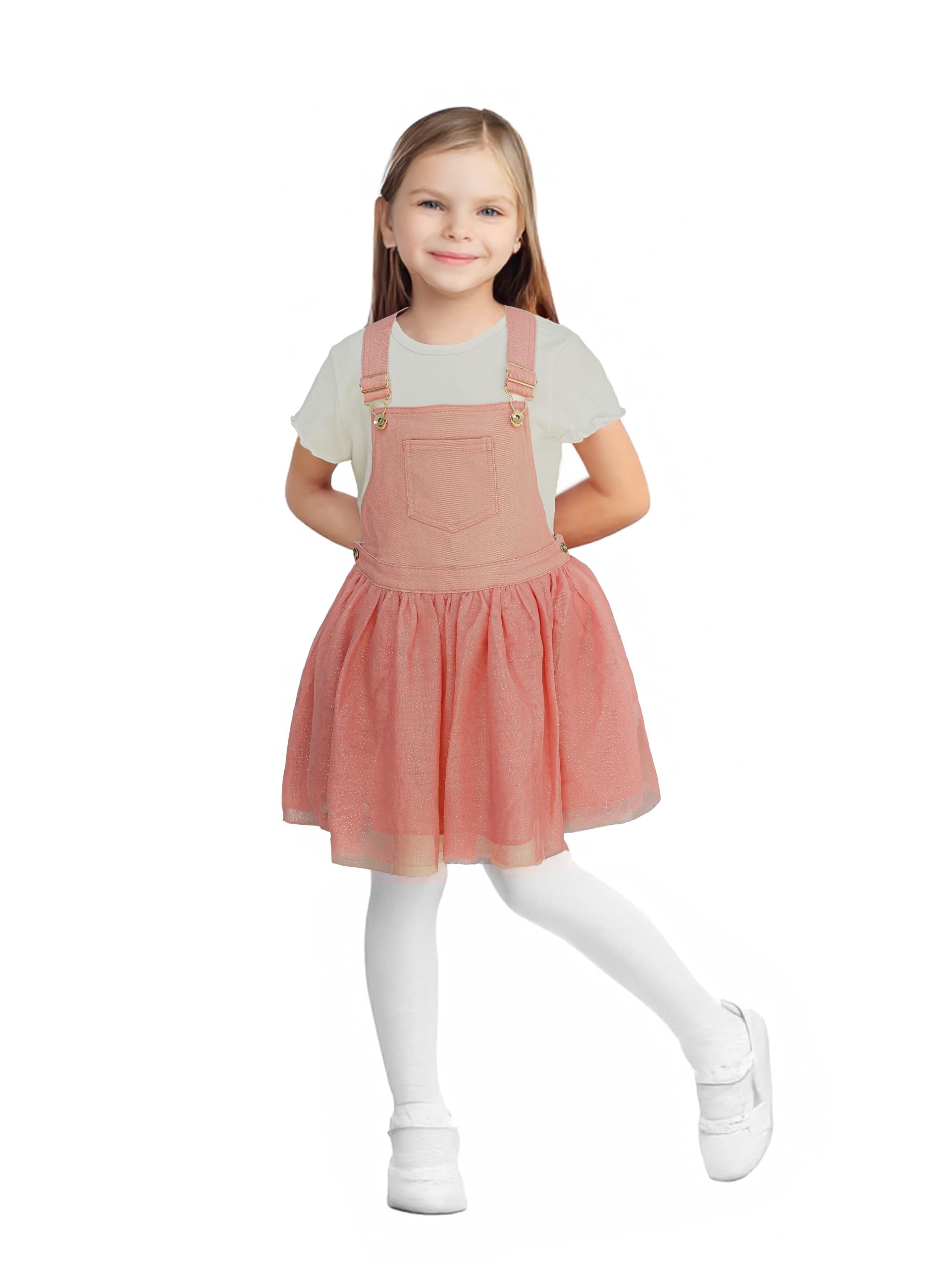 SKYTWO Girls' Suspender Denim Overall Tulle Skirt with White T-Shirt Set – 2-Piece Toddler Outfit Wear 4-12 Years