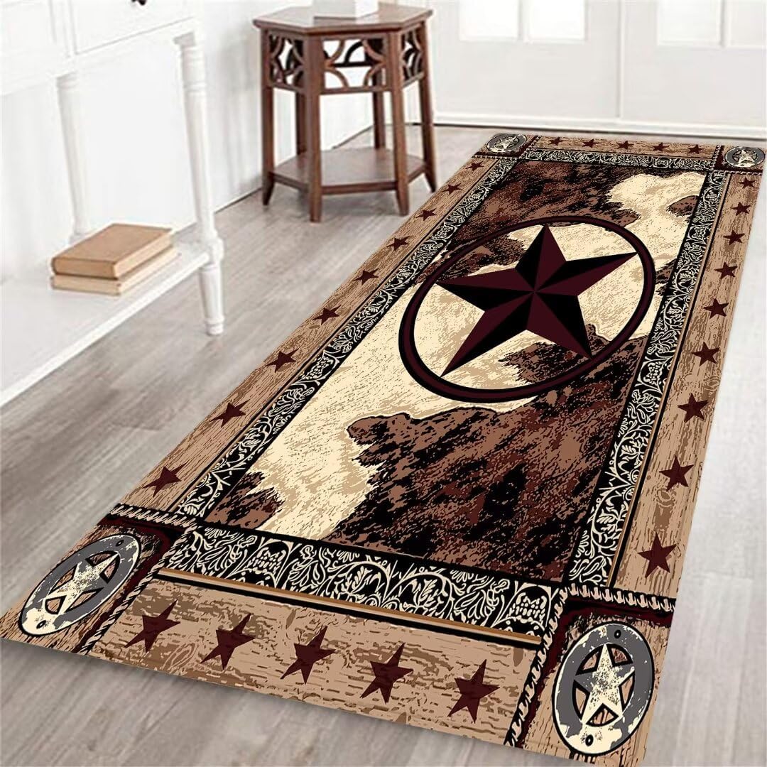 Western Runner Rug for Hallway,Texas Star Vintage Style Stars on Wood Panel Print Rustic,Non-Slip Floor Carpet Hallways Doormat Entryway Bedroom Bathroom Washable Kitchen Rugs Laundry Room Rug Runner