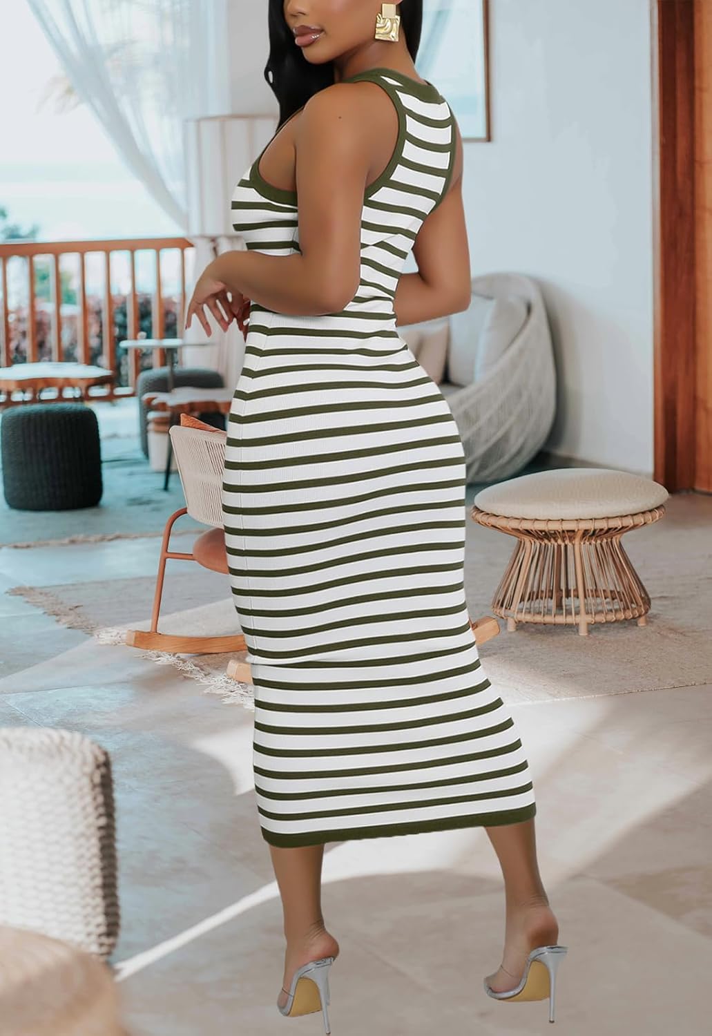 Women's Striped Summer Bodycon Tank Sleeveless Round Neck Casual Knit Pencil Midi Dresses - Image 5