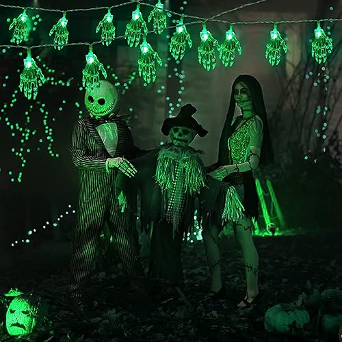 Miniatura 7 de JMEXSUSS - Tira de luces de Halloween, 15.2 pies, tira de luces con forma de mano de esqueleto, 30 luces LED, funciona con pilas, luces de Halloween