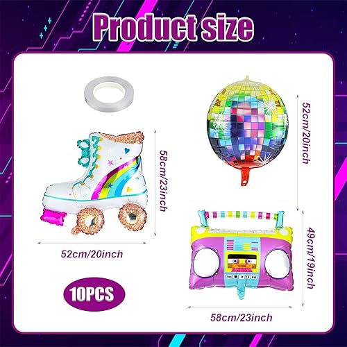 Miniatura 3 de Juego de 10 globos de patinaje de 22 pulgadas, globos de bola de discoteca de papel de aluminio de color Boombox, globos retro de los años 80 y 90