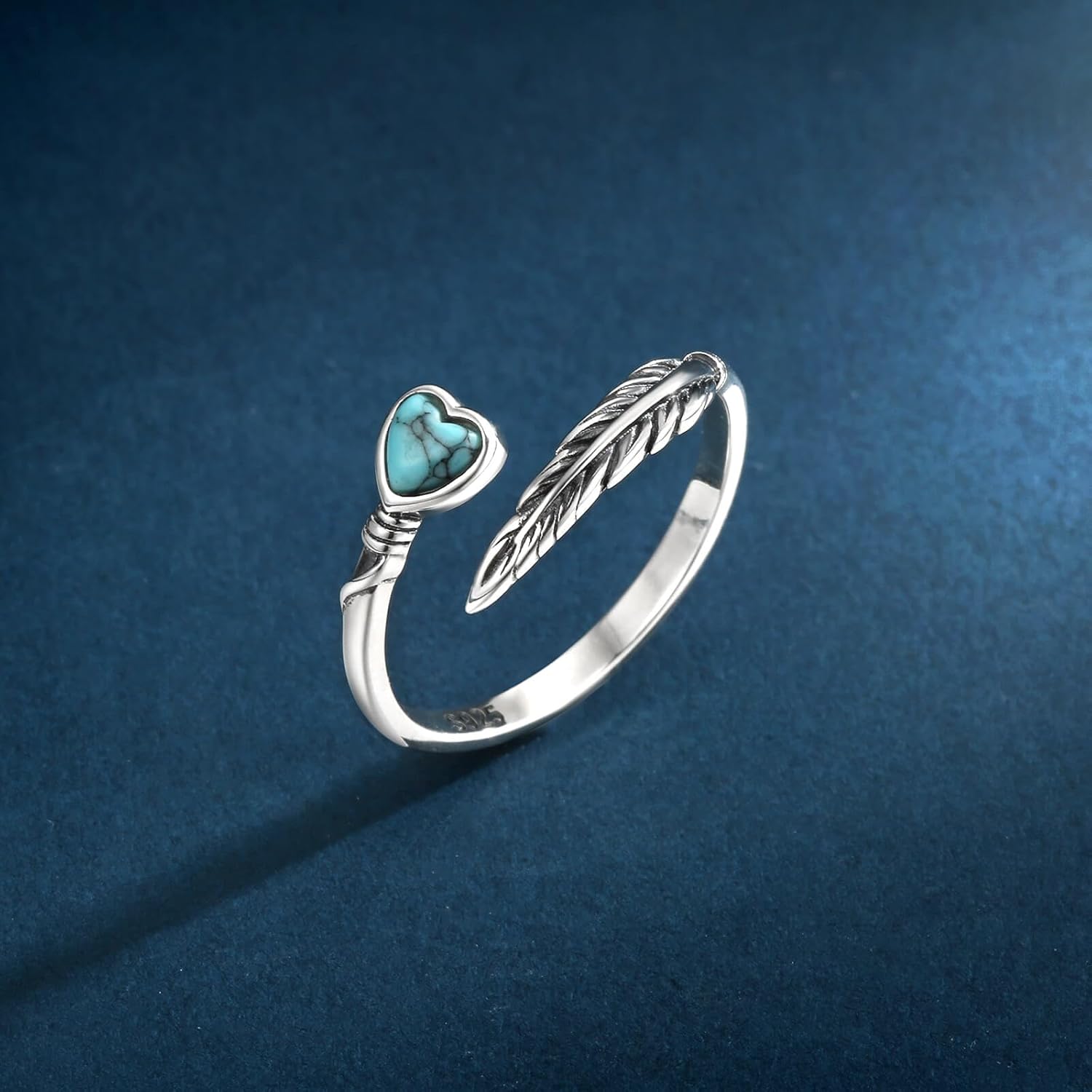 Heart Turquoise Feather Ring 925 Sterling Silver Adjustable Vintage Jewelry Gifts for Women
