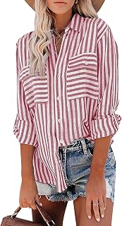 Silunma2021 Women's Stripe Button Long Sleeves Shirts Cotton Lapel Comfort Shirts Elegant Casual Blouse Top with Pocket
