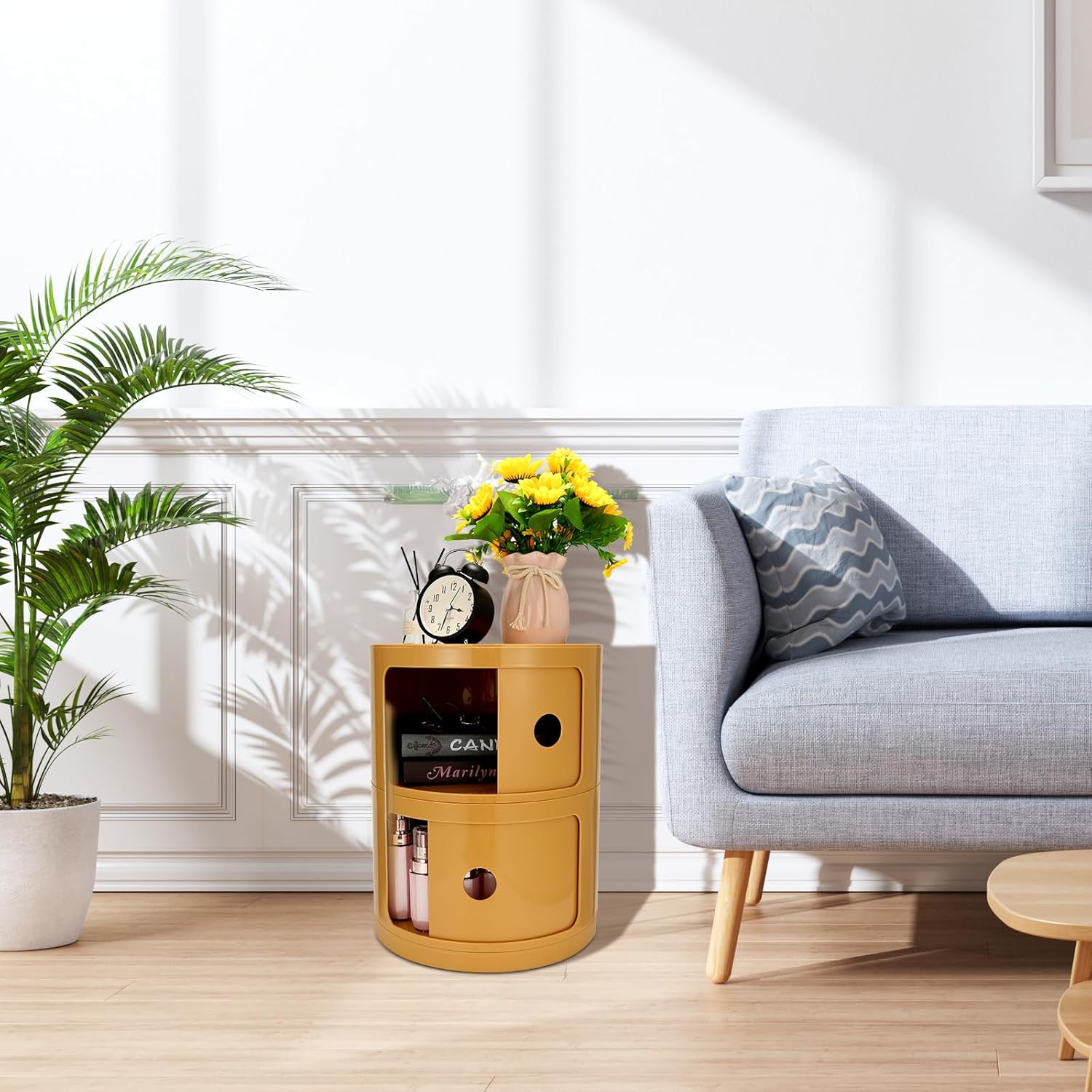 2-Tier Round Bedside Table, Narrow Storage Cabinet, Small Stylish Storage Cabinet, no Installation Required, Suitable for Living Room and Bedroom, Small Space