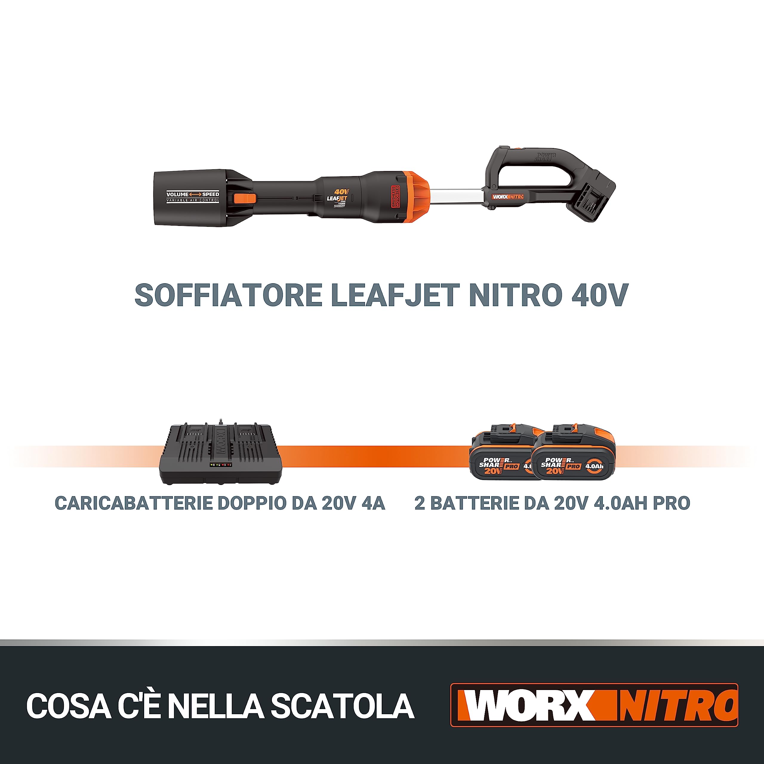 WORX - Bezprzewodowa dmuchawa - silnik bezszczotkowy - 2x akumulator WORX 20 V 4 Ah i podwójna ładowarka - do dużych powierzchni - 266km/h - 1053 m³/h - kompatybilna z narzędziami Powershare - WORX
