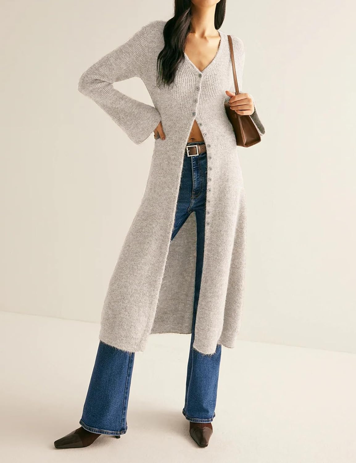 Womens Long Cardigan Sweaters Button Down Bell Sleeve Open Front Ribbed Knit Midi Dress Fall Trendy Outfits - Image 5