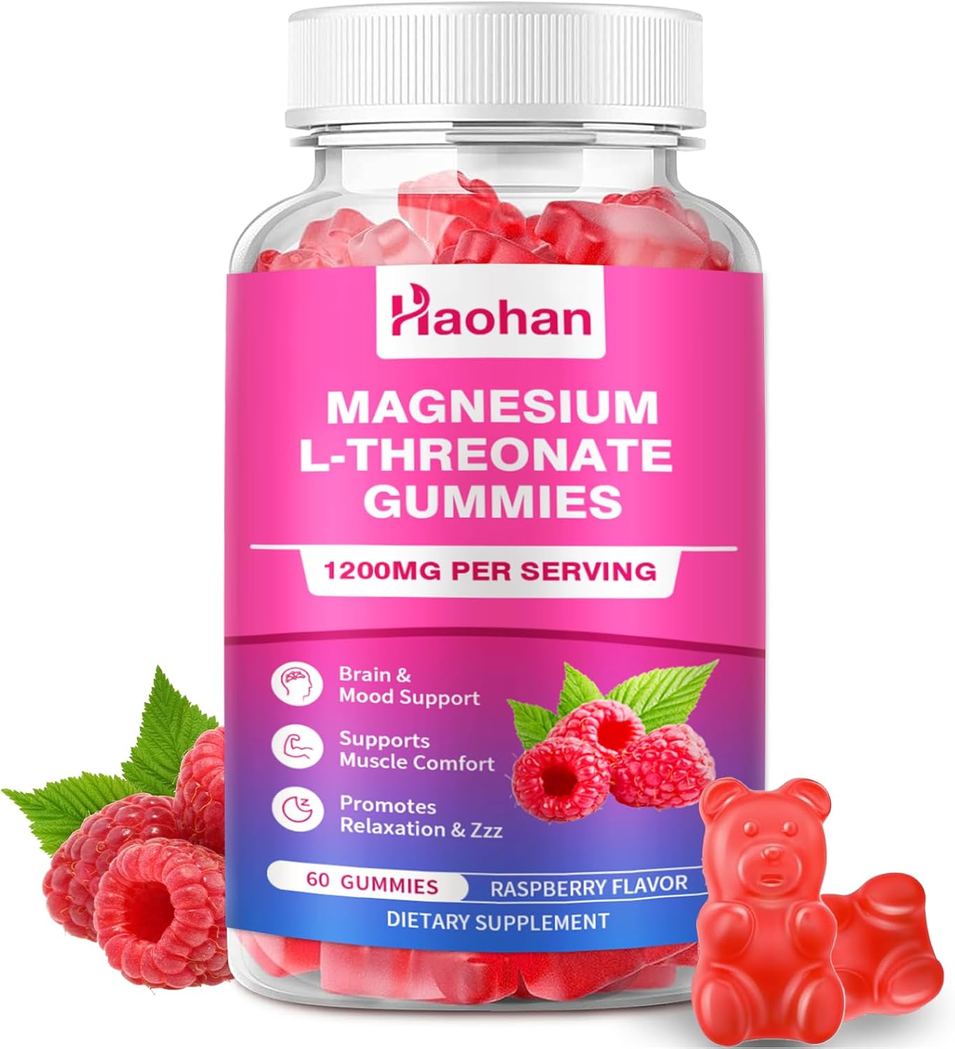 Magnesium L-Threonate 1200mg Gummies to Support Focus & Muscles, Sugar-Free Raspberry Flavor, 60 Count for Adults & Kids