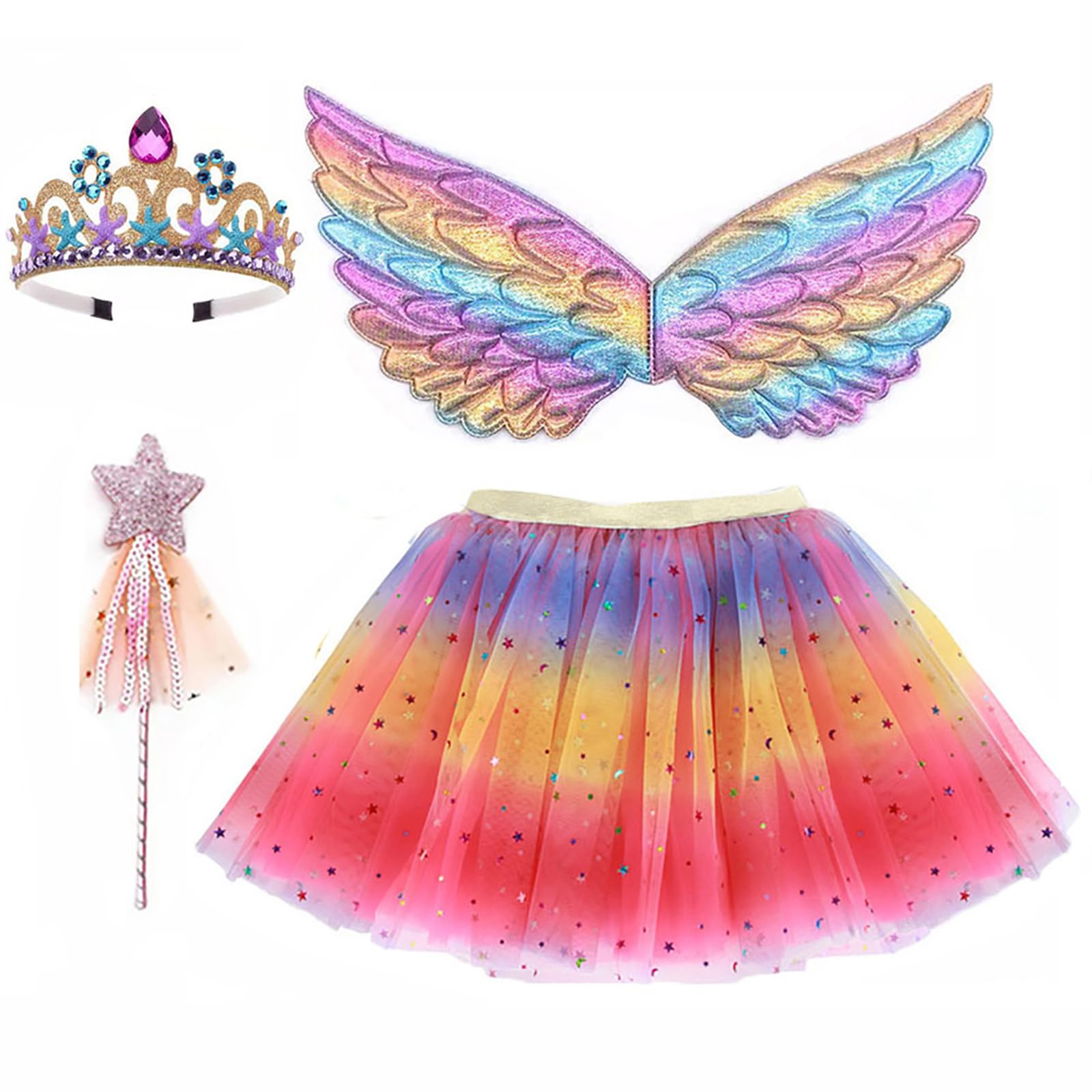 ZJstyle Girls Princess Costume Set - Fairy Dress with Wings, Wand, Crown, Tutu Skirt for 3-8 Years Girls (Rose Red)