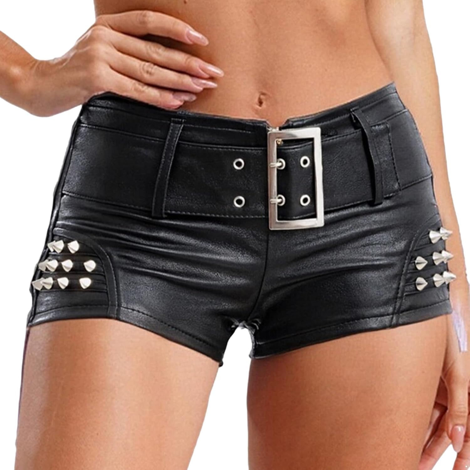 Rivets PU Leather Hot Pants for Womens Slim Fit Belt Club Rock Music Festival Short Bottoms