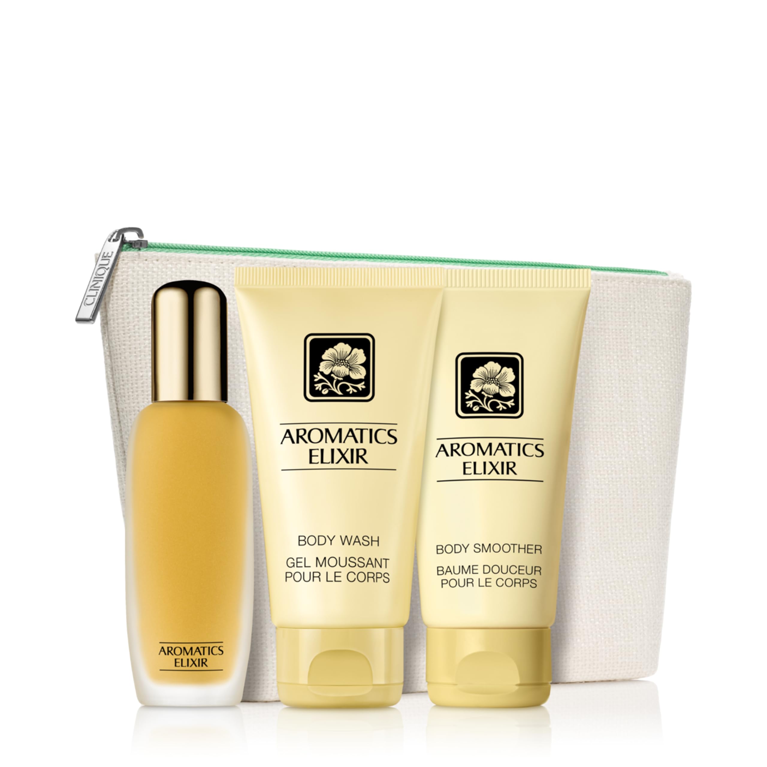 Clinique Aromatics Elixir™ Coffret Eau de Parfum Femme | Set Parfum 45 ml + Soin Corps + Gel Douche | Notes de Patchouli, Rose, Vétiver | Idée Cadeau Femme