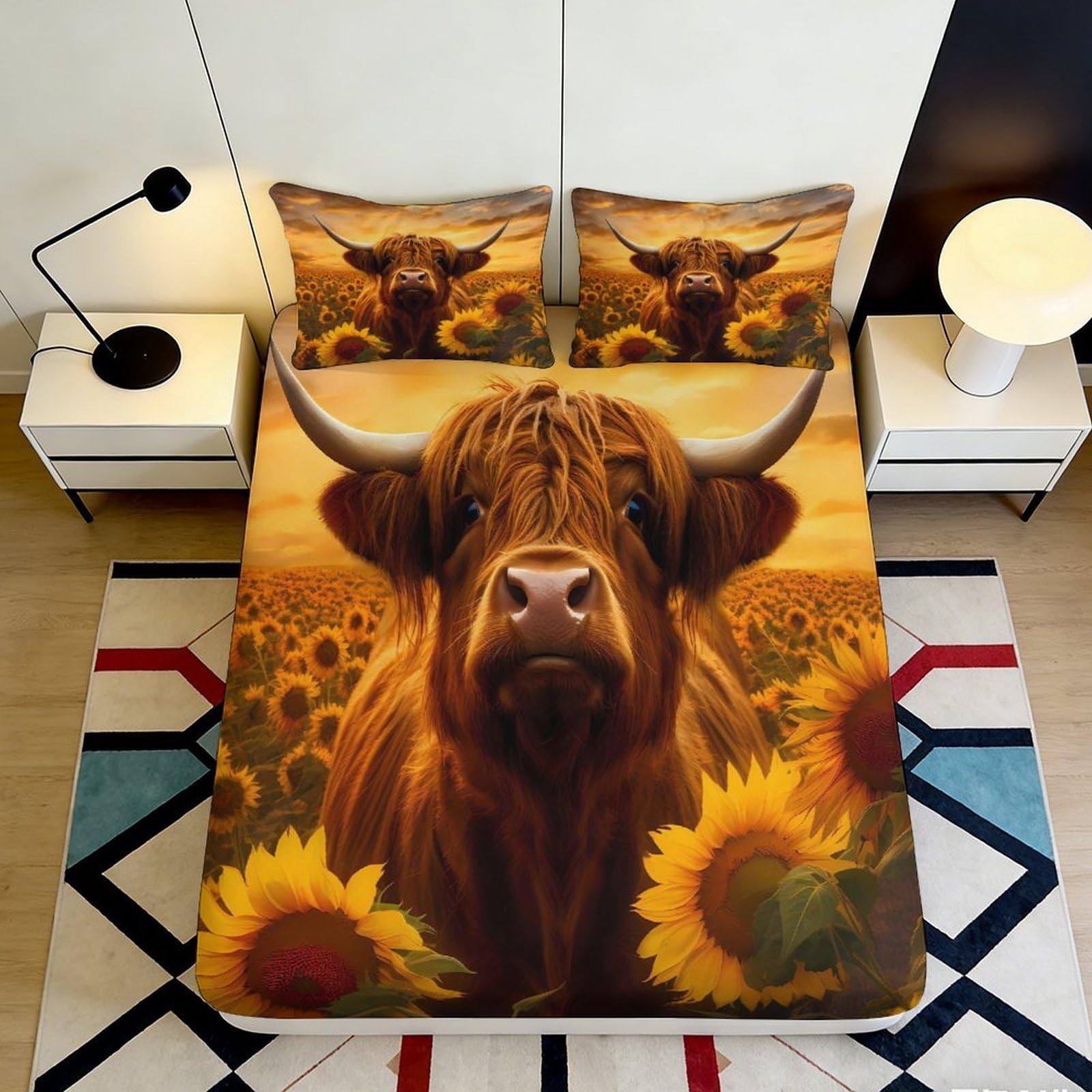 3D Printed Highland Cow Sunflower Fitted Sheet Microfiber Soft Mattress Cover Slip Resistant for Bedroom Decor 200x200x25cm