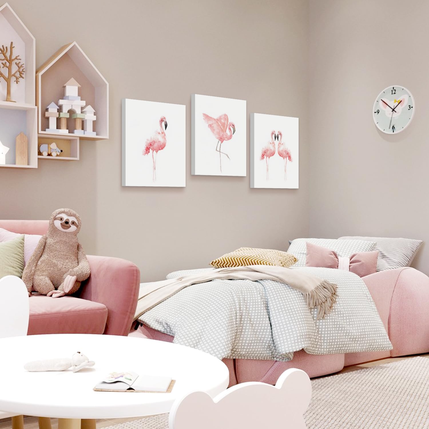 HPNIUB Framed Nordic Flamingo Wall Art Prints, Set Of 3 (12”X16”Canvas Watercolor Animals Painting Modern Wall Decor For Nursery Cafe Girls Bedroom