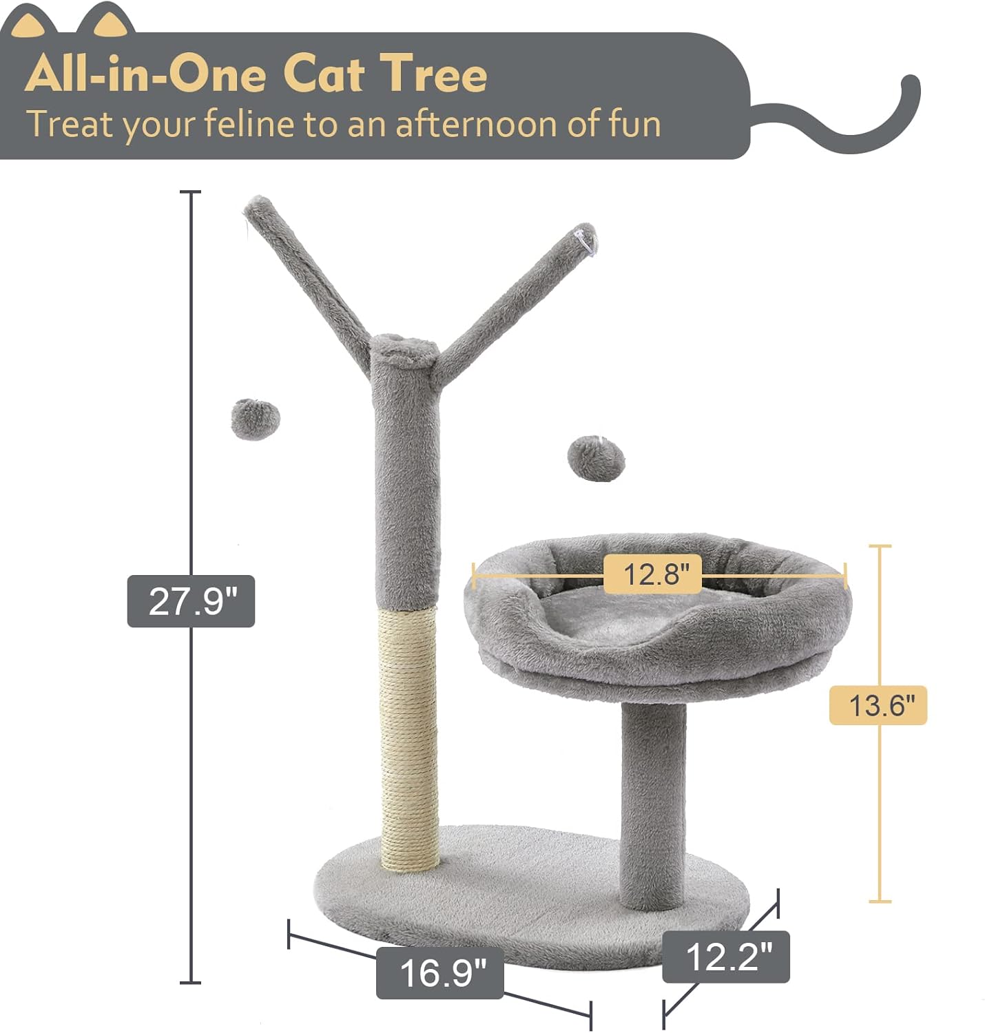 SUPERJARE Cat Tree with 2 Dangling Balls, Indoor Cat Play Tower with Scratching Board & Posts, Kitty Activity Center with Plush Perch - Gray : Pet Supplies