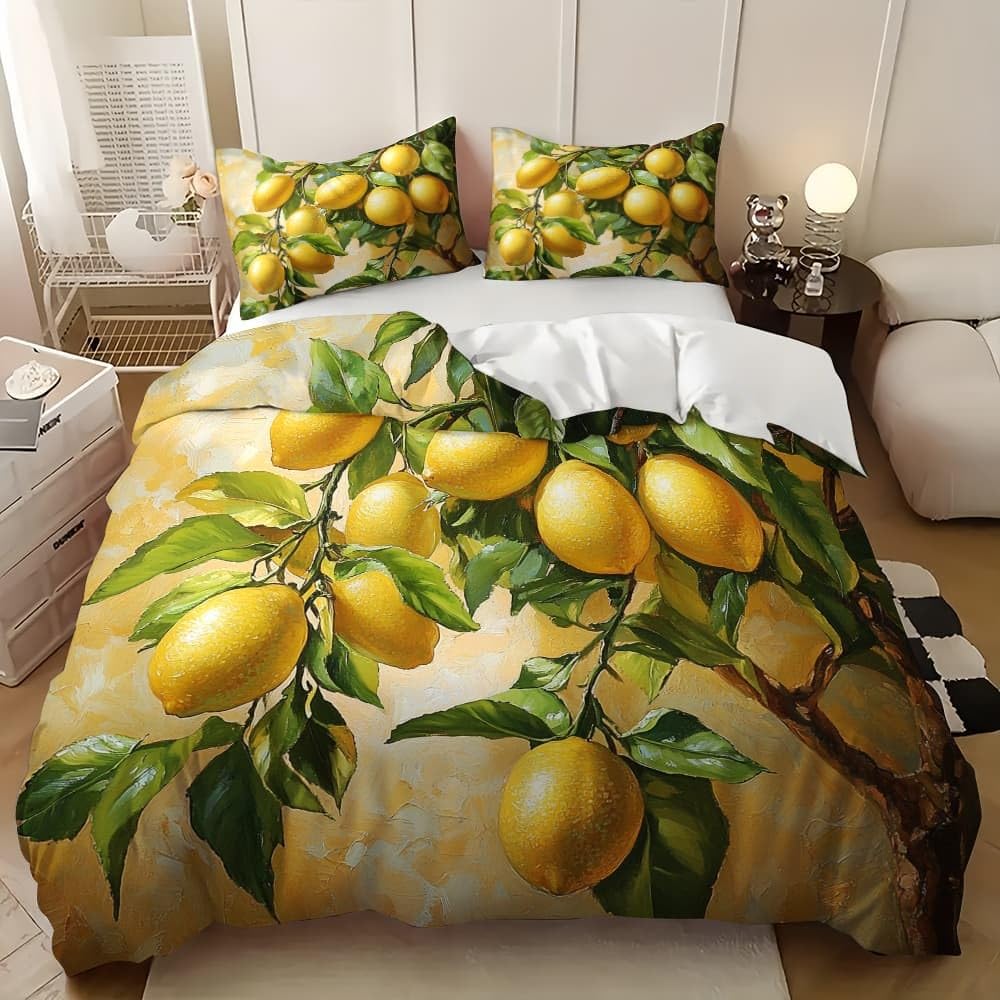 Motivo A Limone Di Frutta Copripiumino 2 Persona con Cerniera 240x220 cm Giallo Set Biancheria da Letto in Microfibra, Lavabile in Lavatrice, per Bambini, Adolescenti e Adulti