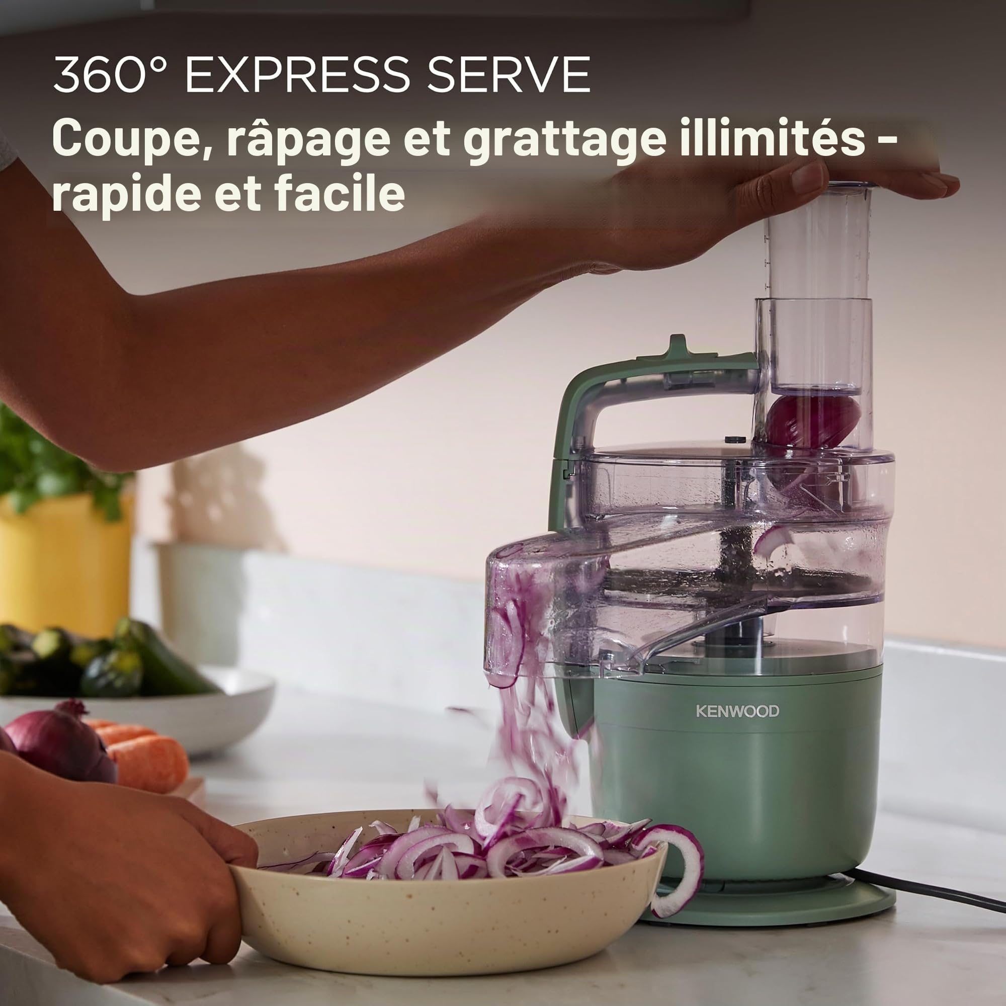 Kenwood MultiPro Compact Processeur alimentaire avec Express Serve, lame en acier inoxydable, disques pour couper et râper, récipient de 600 ml, fonction Pulse, vert eucalyptus (FDP23.380GR)