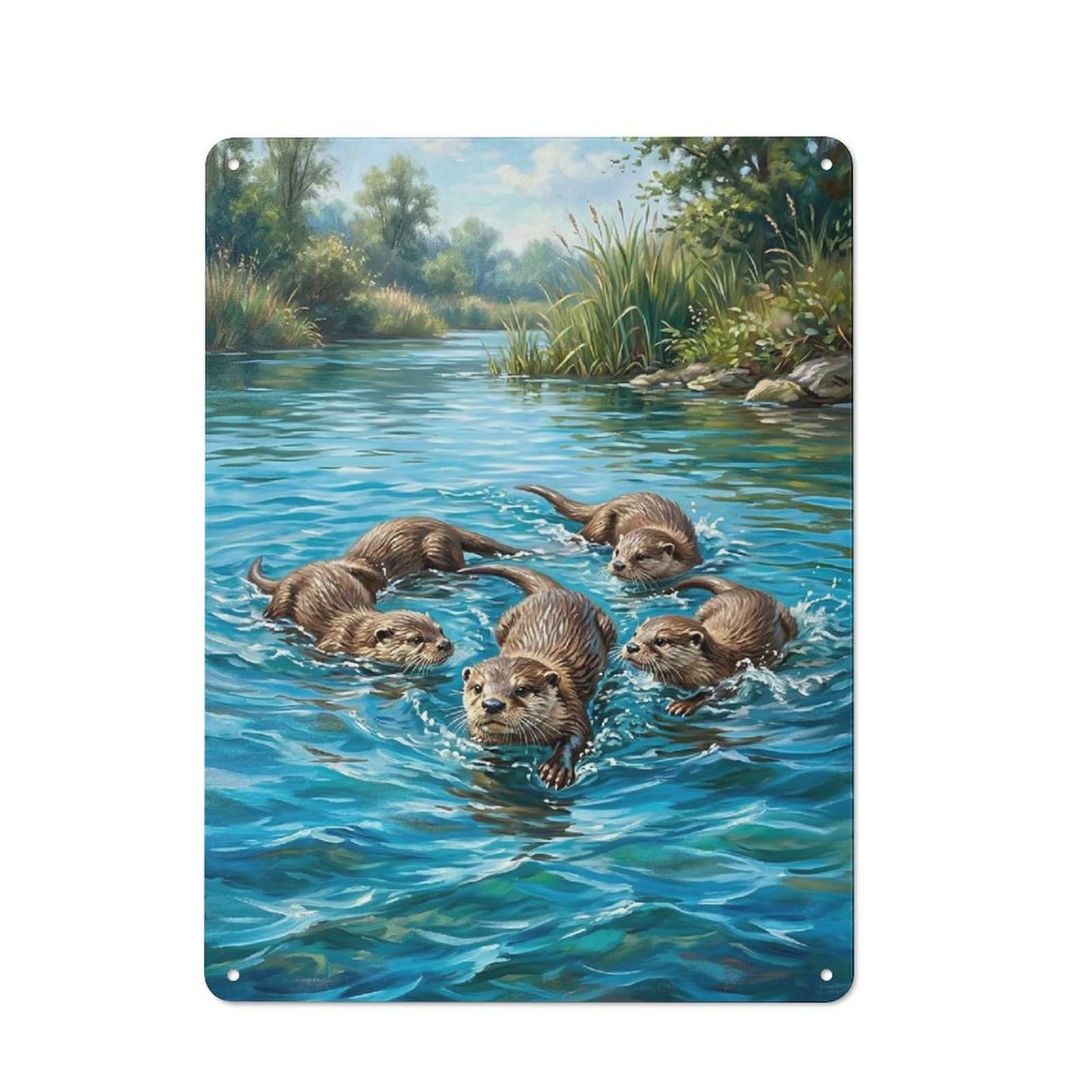 Junmoney Style-17 Otters Playing In A River Metal Wall Plaque 40X30cm, Vintage Nostalgic Wall Art For Bedroom, Office, Home Bar Or Dining Room