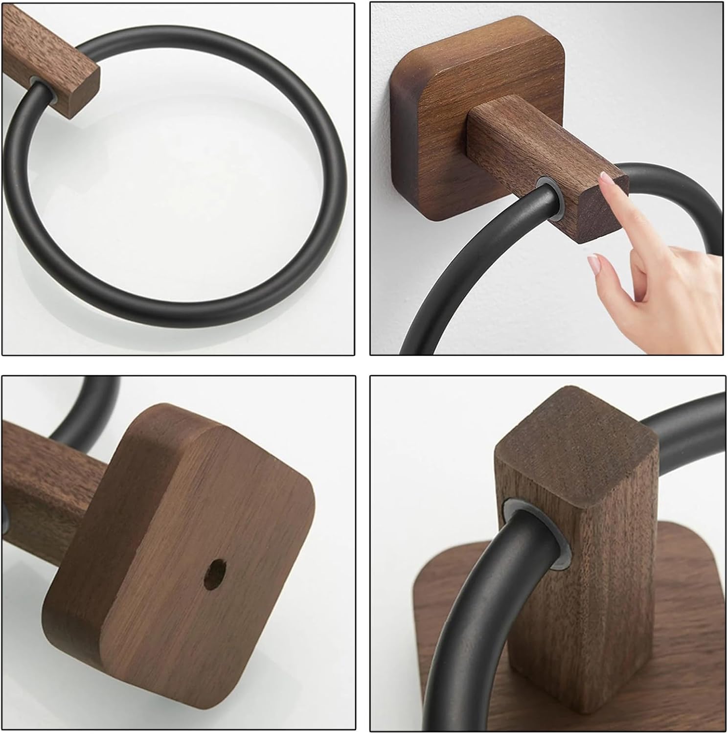 Towel Ring, 180° Swivel Hand Towel Holder Vintage Towel Ring Self Adhesive Towel Rail Wall Mounted Aluminum+Wood Towel Rings for Bathrooms Anti-Rust Towel Hanger, Easy to Install