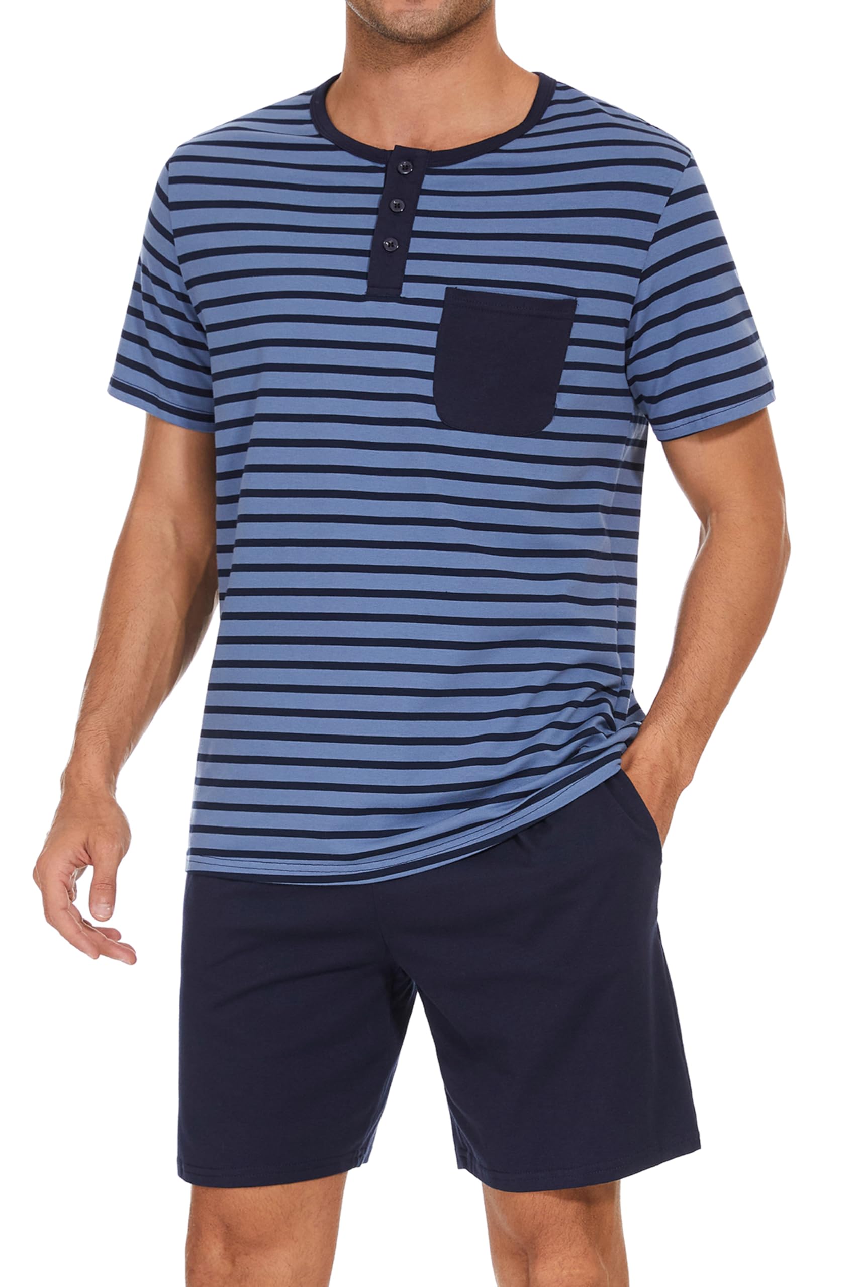 Leversic Schlafanzug Herren Kurz aus Baumwolle mit Kontraststreifen Design, Sommer Pyjama Set Oberteile und Kurze Hosen für Vater und Partner