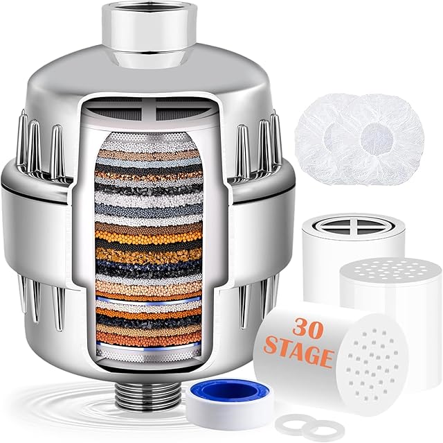 30 Stage Shower Filter with Vitamin C E for Hard Water - High Output Shower Water Filter to Remove Chlorine and Fluoride - 3 Cartridges Included -Consistent Water Flow Showerhead Filter