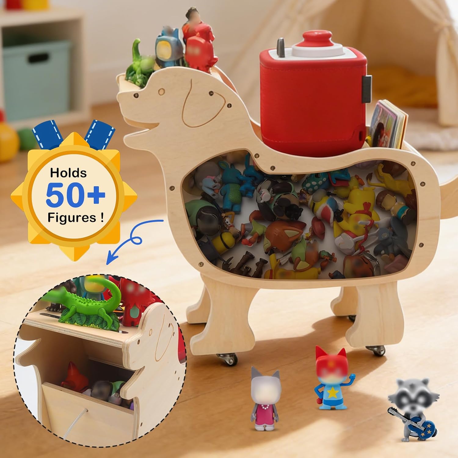 Rolling Dog Storage Shelf for Tonie Box, Wooden Organizer for 50+ Tonies Figures, Player & Accessories | Pull-Along Toy with Magnetic Display Holder, Compatible with Toniebox Gen 1 & 2
