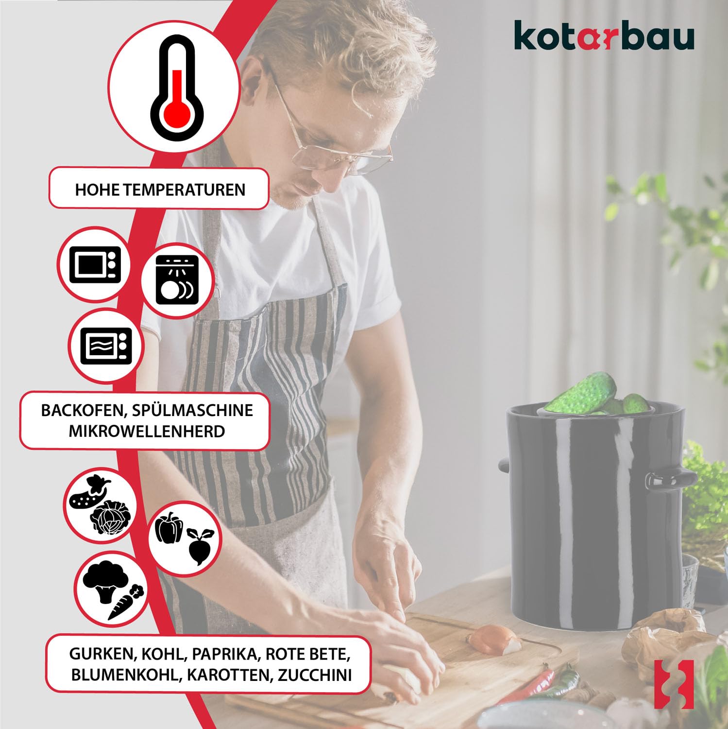 KOTARBAU® Kimchi Pot à fermentation en faïence 5 l Pot à rhum Pot à choucroute Pot en argile avec couvercle Pot à rhum avec couvercle en bois d'ébène Pot à concombre Hermétique