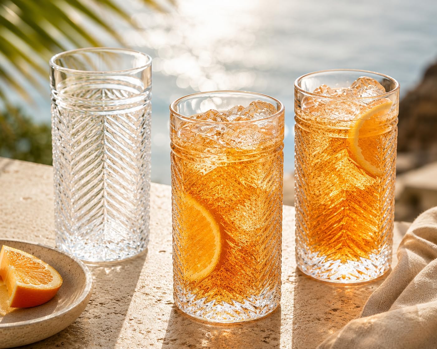 8 Piece Herringbone Glassware Set, 4 Highball Glasses 15.5 oz & 4 Whiskey Glasses 13.86 oz, Textured Drinking Glasses Set, Elegant Cocktail, Water & Juice Glasses,