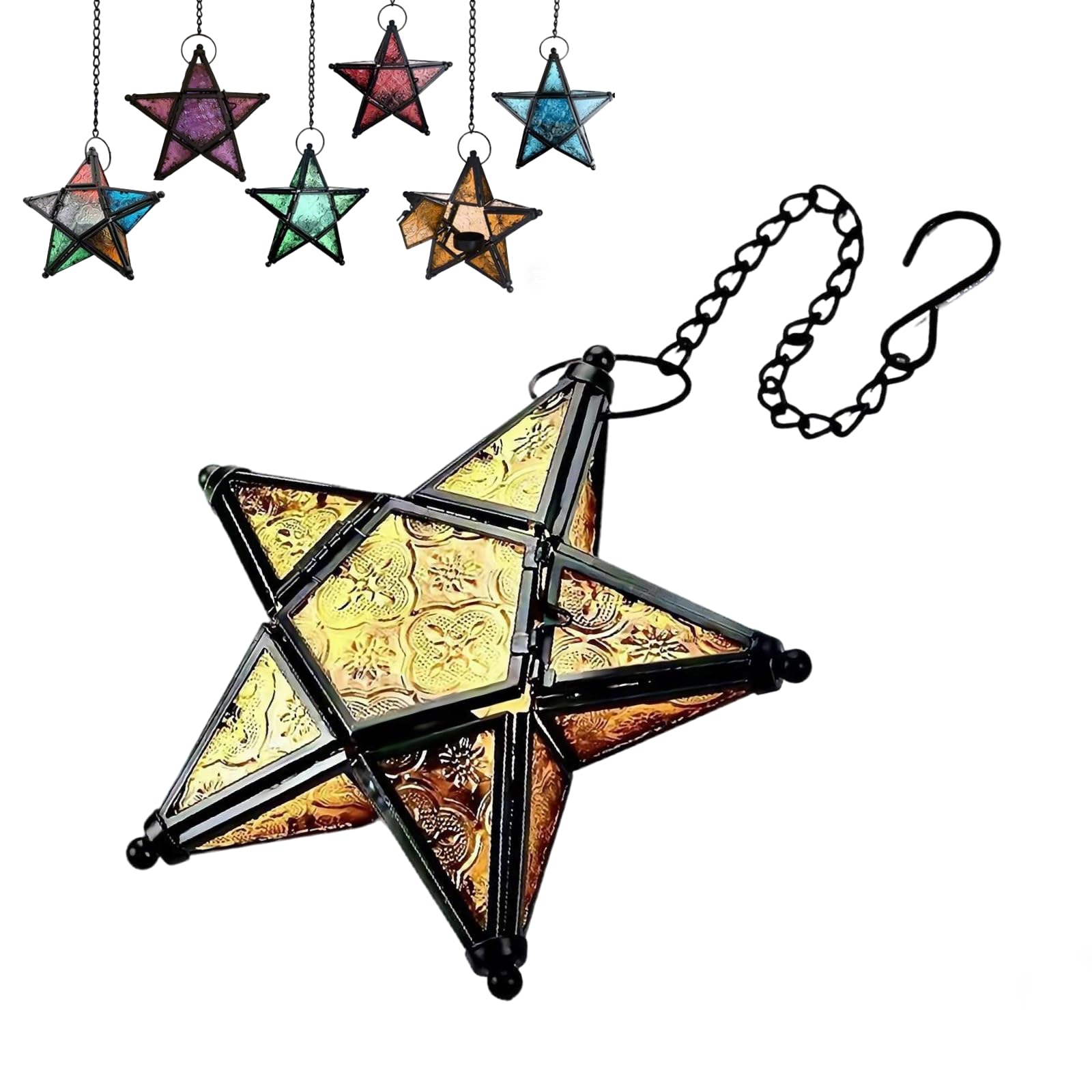 Moroccan Lantern Decorative – Star Shaped Stained Glass Tea Light Lantern with Metal Frame Hanging Candle Holder for Indoor Outdoor Patio Garden, Easy Hanging (Yellow)