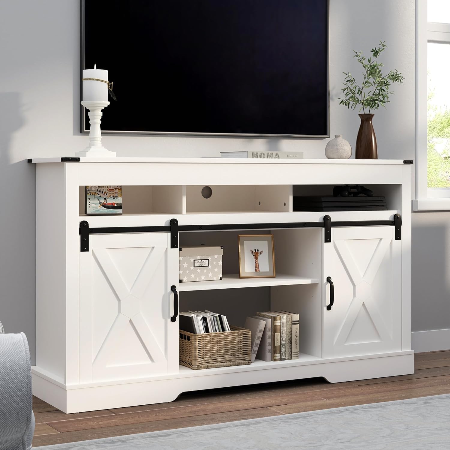 RoyalCraft TV Stand for 65+ Inch TV: Farmhouse Entertainment Center with Storage, Wood TV Console Cabinets with Sliding Barn Door, Tall Media with Adjustable Shelves for Living Rooms, Coastal Fog