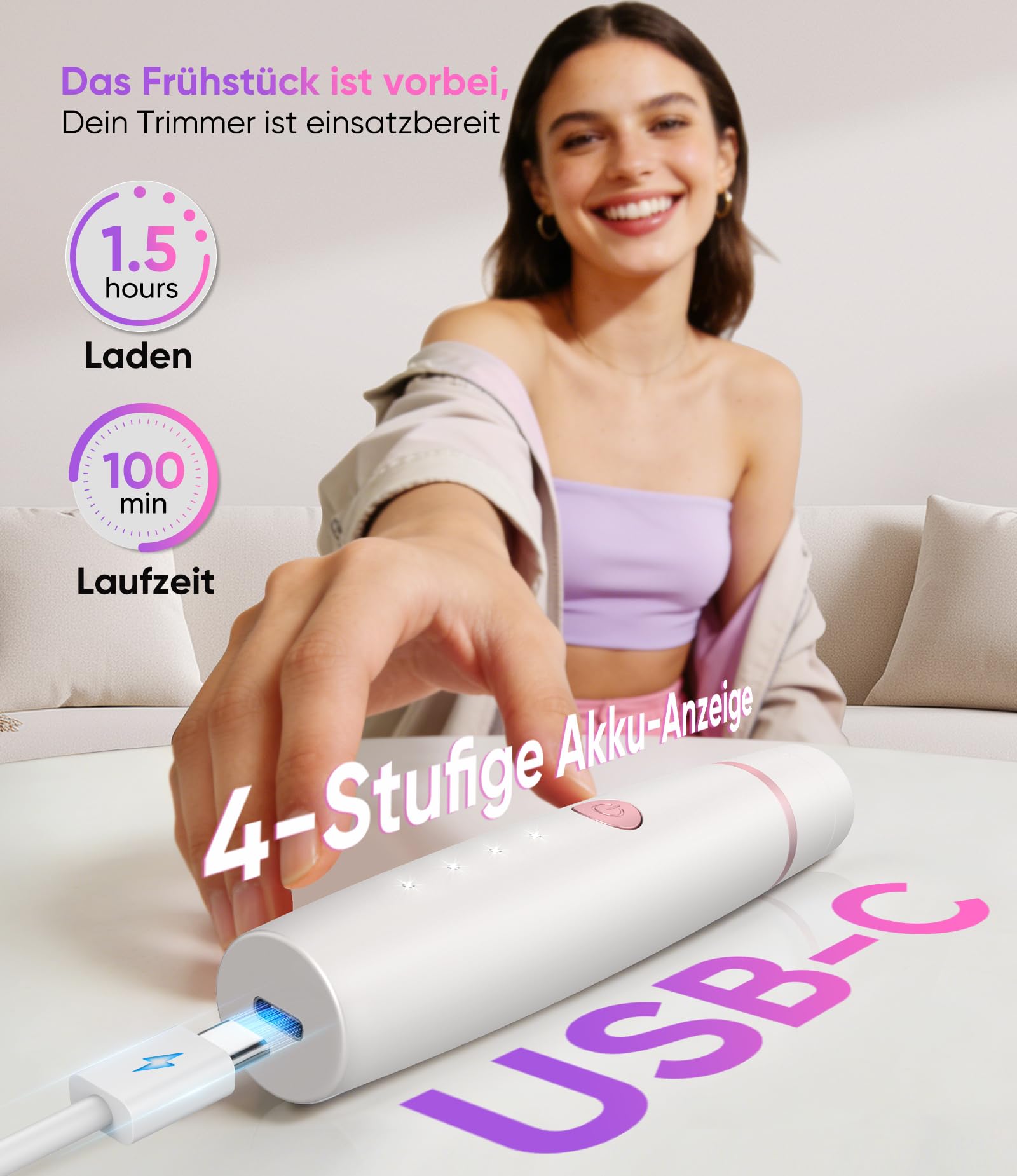 Rasierer Damen,4-In-1 Intimrasierer für Frauen,Gesichtshaarentferner,Nasenhaartrimmer&Augenbrauenrasier, Trocken&Nass Damenrasierer Elektrisch für Bikinizone,Gesicht,Nase/Ohren,IPX6&USB Aufladung Weiß