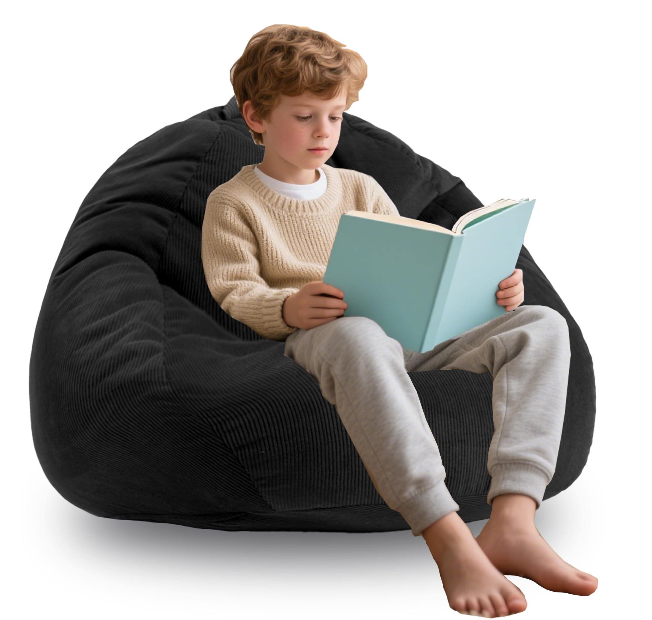 ENBAOHUI 3FT Memory Foam Bean Bag Chairs for Teens or Kids with Filling Bean Bag Sofa with Handle Super Soft Corduroy Fabric Lazy Sofa 3 Foot Black