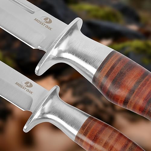 Miniatura 7 de Mossy Oak Cuchillo Bowie de hoja fija, cuchillo de caza de 2 piezas con mango de cuero con patrón láser, funda incluida
