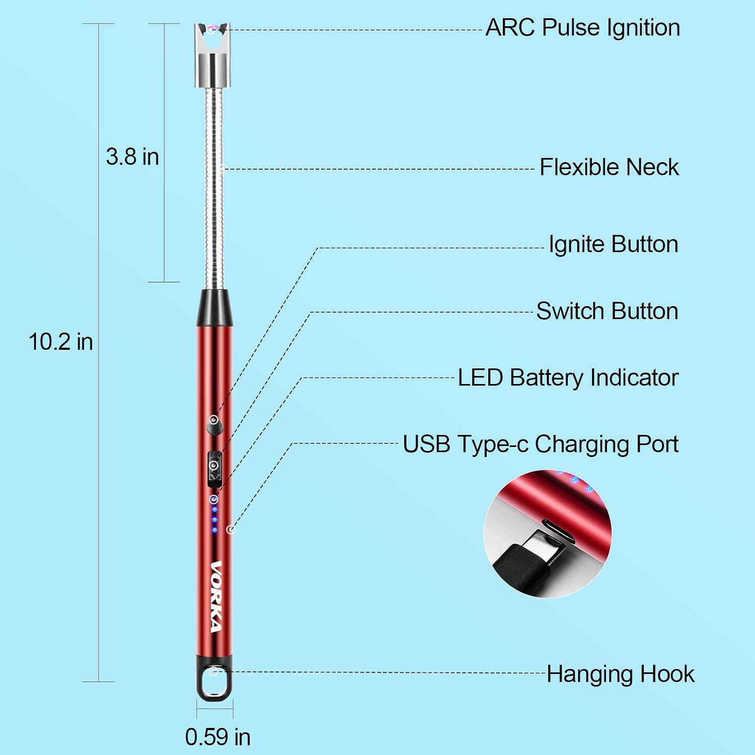 VORKA Electric Lighter, USB Type-C Rechargeable Candle Lighter, 360°Flexible Neck Long Arc Lighters Windproof Flameless with LED Battery Display for Candles Grill Camping Cooking BBQ Stove (Red)