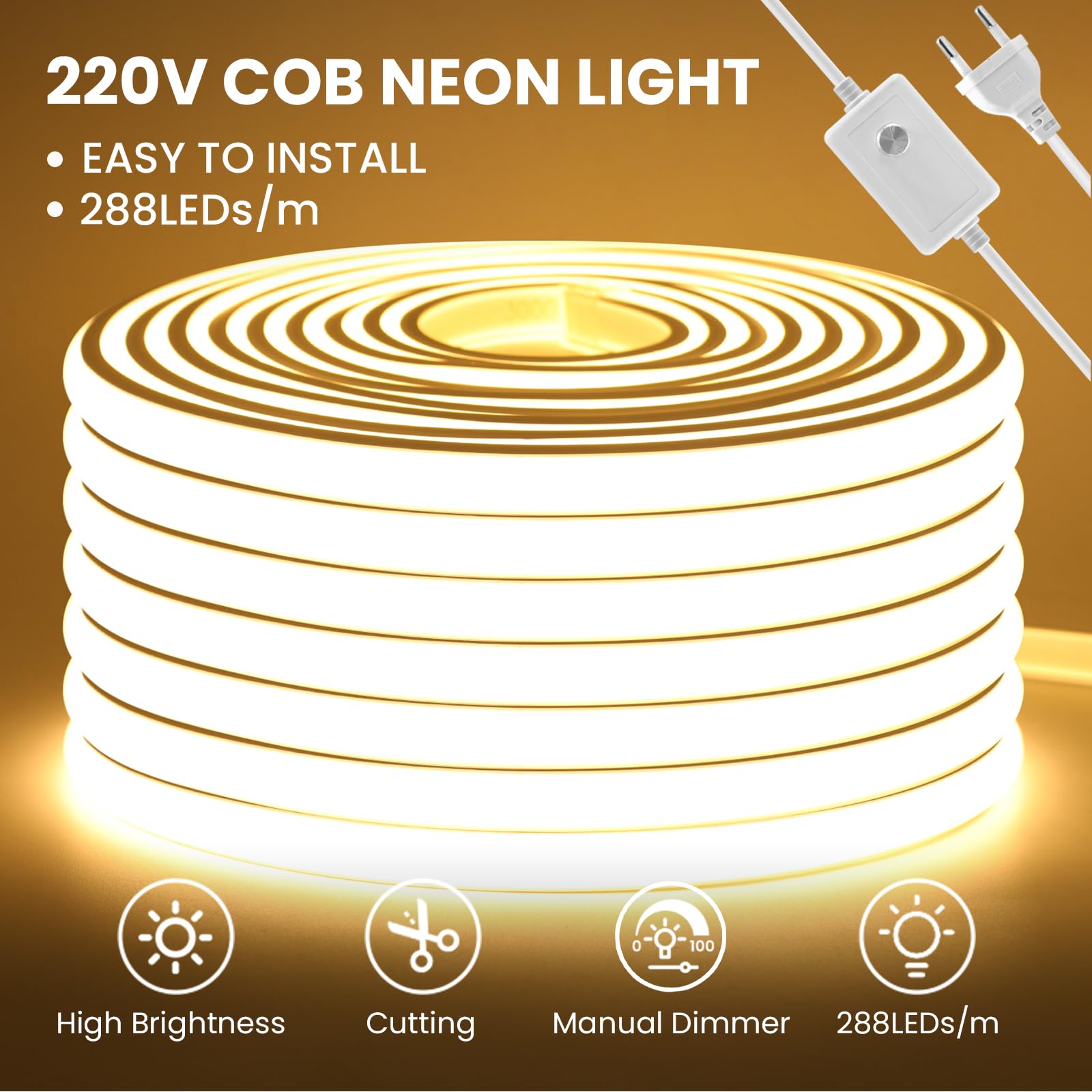 220V Regulable Tira LED COB [10M, Blanco cálido 3000-3500K], IP65 Impermeable Flexible, 288 LEDs/M Cortable Tira LED de Neón FCOB CRI85+, Decoración para Hogar/Tienda