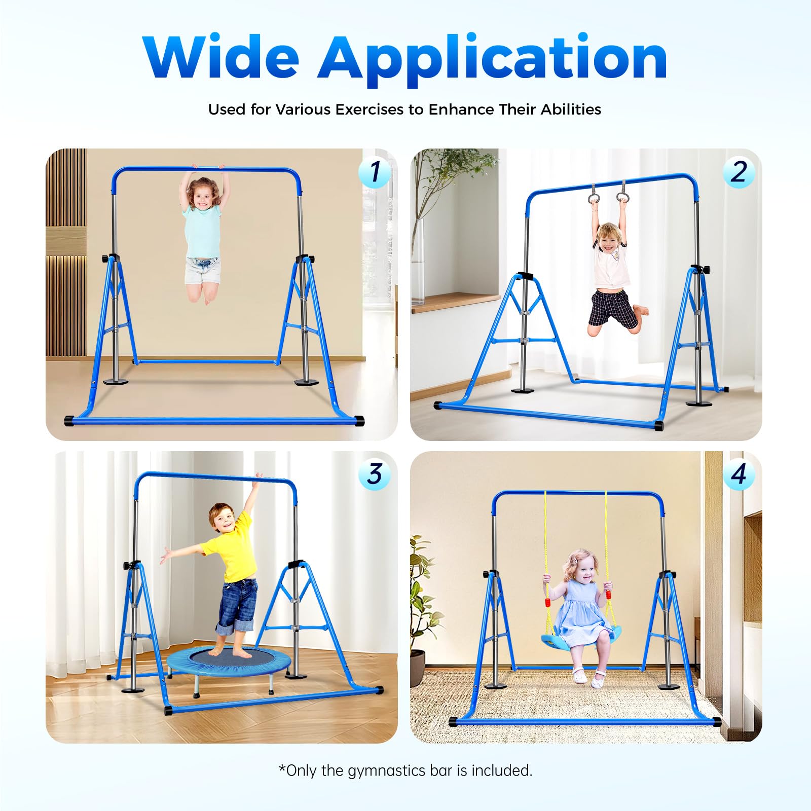 Barra de gimnasia para niños, barra de gimnasia para jardín, niños, altura ajustable, 5 alturas ajustables, para 3-8 niños y niñas, dispositivo de entrenamiento de hasta 100 kg, color azul