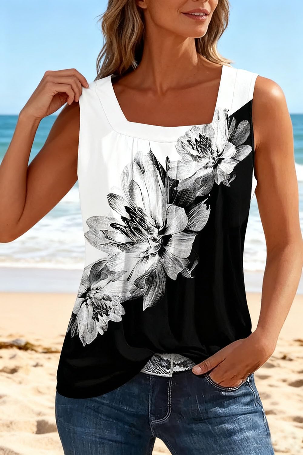 AIMITAG Color Block Ruffled Square Collar Tank Top Women Striped Tank Tee Summer Casual Loose Fit Sleeveless Shirt - Image 3