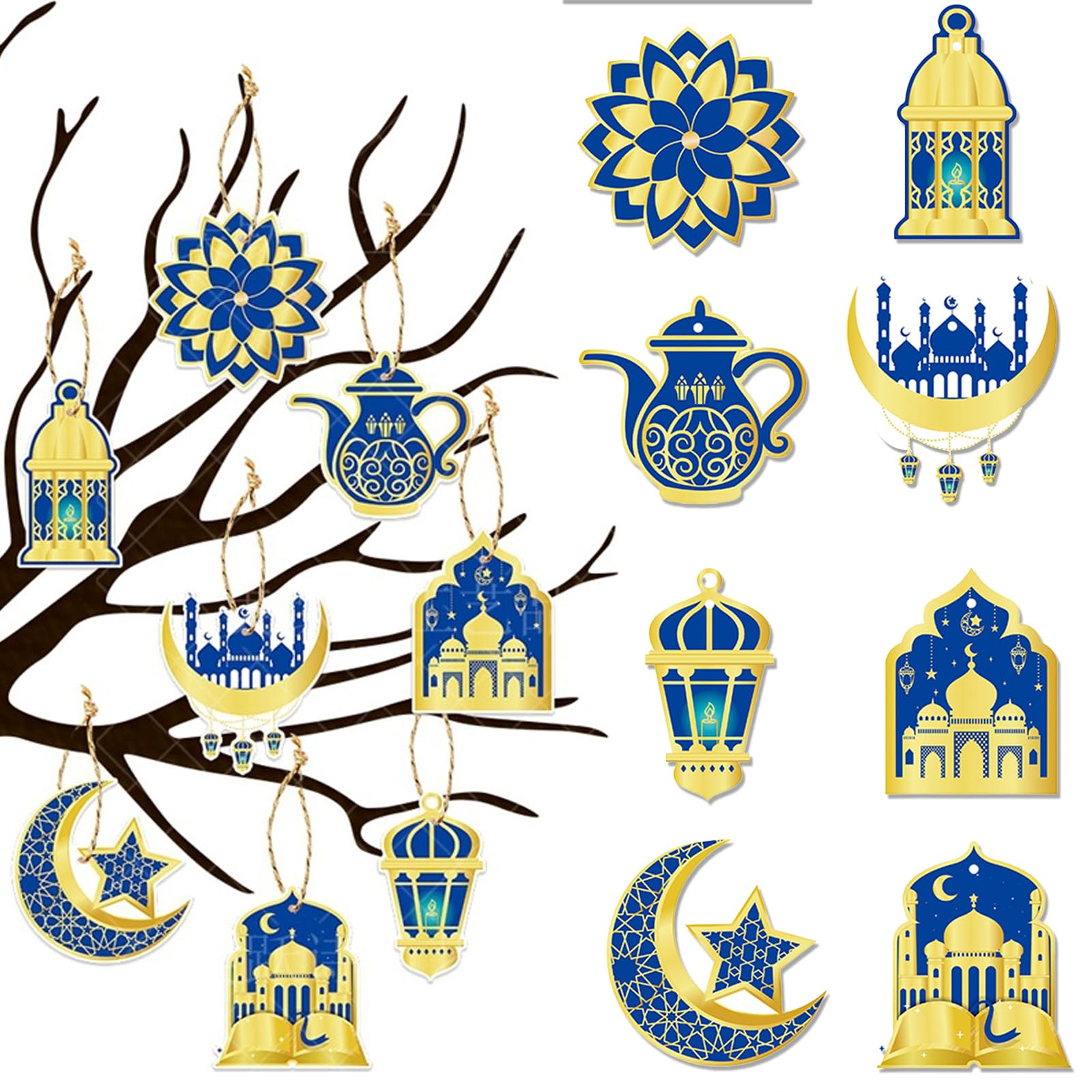Ramadan Decorations Hanging Ornaments,24Pcs Paper Cutouts Double Sided Pendant DIY Eid Mubarak Decor Blue Gold Ramadan Mubarak Hanging Moon Star Castle Shaped Decor For Home Wall Tree Party Supplies