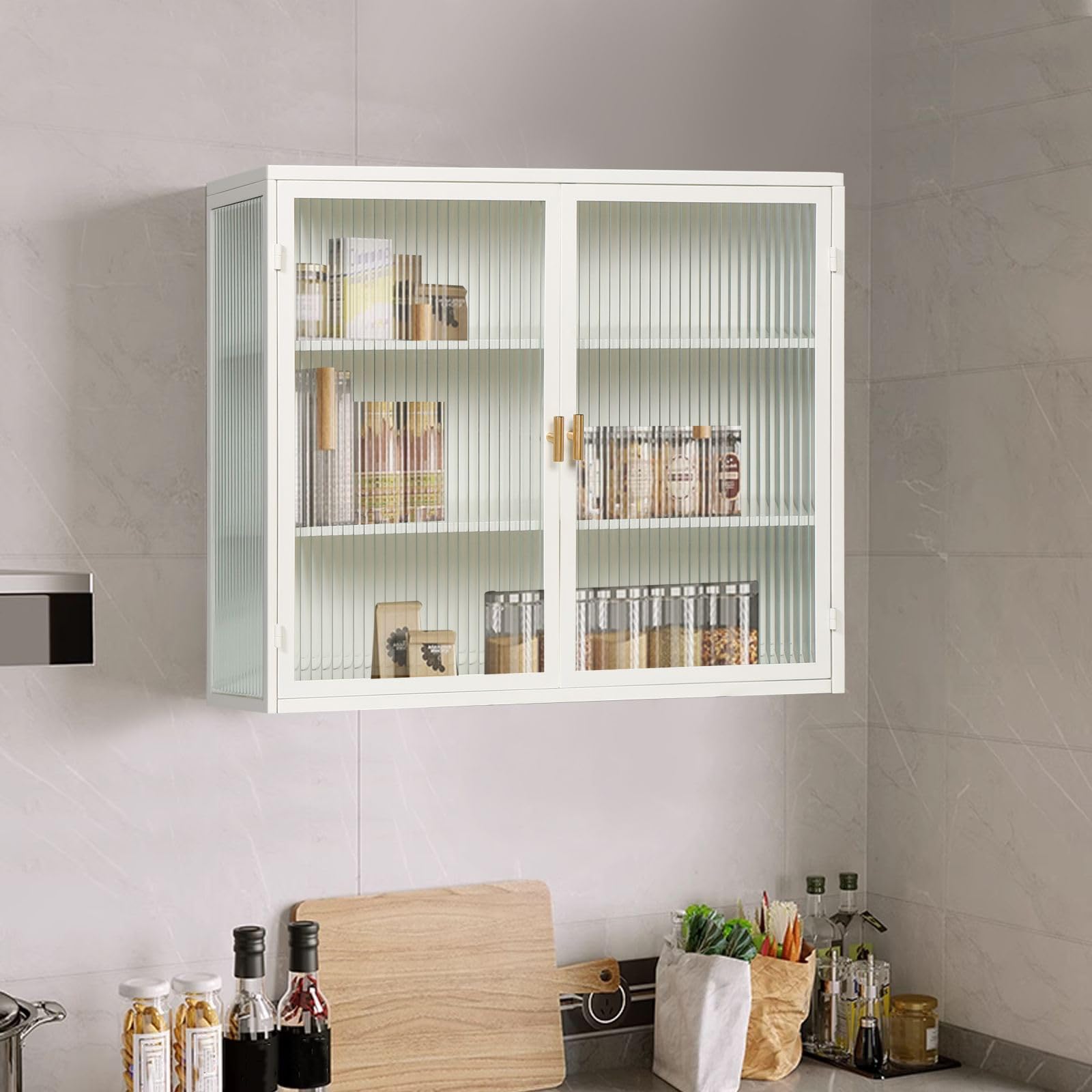 Bathroom Cabinet Wall Mounted with Detachable Shelves,Double Glass Door Wall Storage Cabinet,Kitchen Pantry Sideboard,Wall Storage Organizer for Bathroom Kitchen Laundry Room Dining Room White Style 1