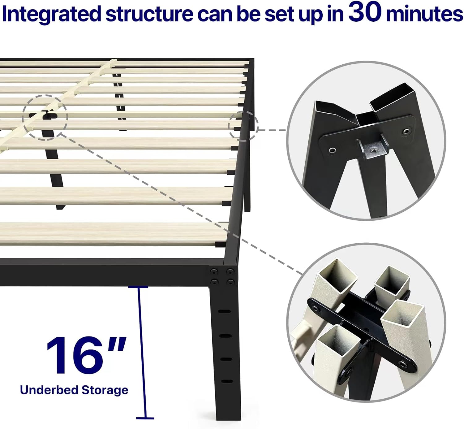 King Platform Bed Frame，18 Inches High Heavy Duty Metal Bedframe with Wide Wood Slats Hold up to 3500lbs,Noise-Free, No Box Spring Needed, 16-Inch Underbed Storage Space