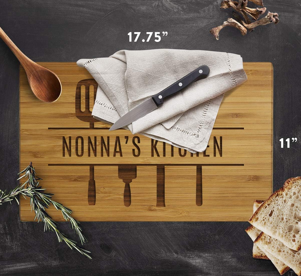 Andaz Press Large Bamboo Wood Cutting Board Gift, 17.75 x 11-inch, Nonna's Kitchen, Utensils Graphic, 1-Pack, Laser Engraved Serving Chopping Board Christmas Birthday Chef Kitchen Ideas