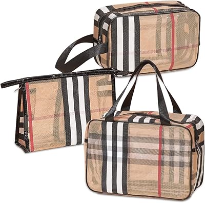 Veki 3 Pieces Set Plaid Striped Transparent Makeup Bag Waterproof Cosmetic, Portable Organizer for Women and Girls Toiletr...