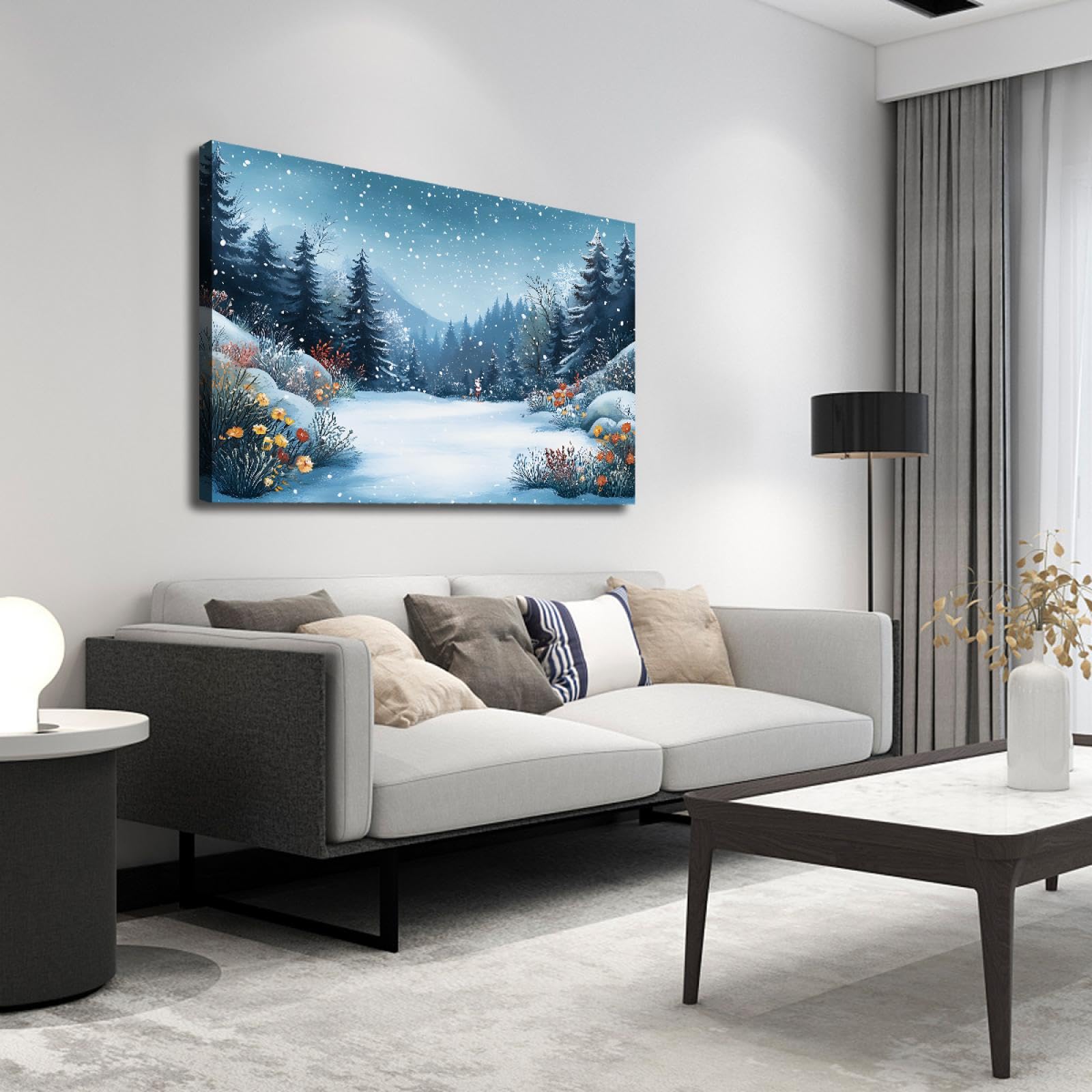 Zimowa kraina czarów płótno sztuka ścienna kwiaty sosna płatki śniegu płótno grafika dekoracja ścienna jadalnia sypialnia salon gotowy do powieszenia 80 x 120 cm rama wewnętrzna