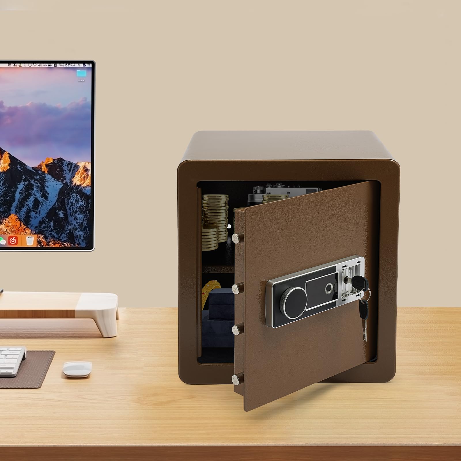 Coffre-fort électronique avec empreintes digitales - Pour la maison (45 l) et le bureau - Coffre-fort de sécurité avec 16 emplacements pour doigts et clé d'urgence pour l'argent, les bijoux et les